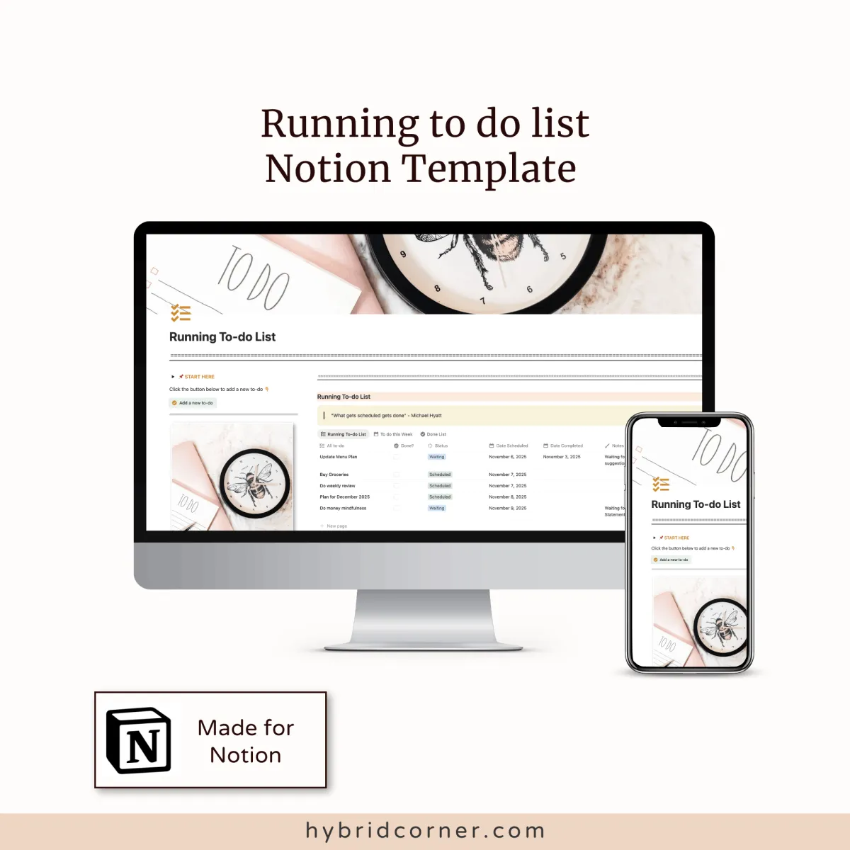 An iMac and iPhone showcase a Running To do List Notion Template, perfect for managing tasks and projects. Above: the template title. Bottom left: a box with the Notion logo and "Made for Notion." Website hybridcorner.com below.