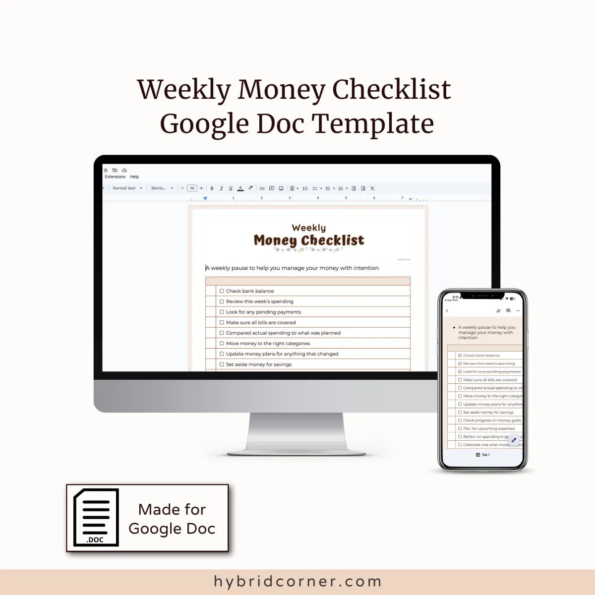 An iMac and iPhone showcase a Running To do List Notion Template, perfect for managing tasks and projects. Above: the template title. Bottom left: a box with the Notion logo and "Made for Notion." Website hybridcorner.com below.
