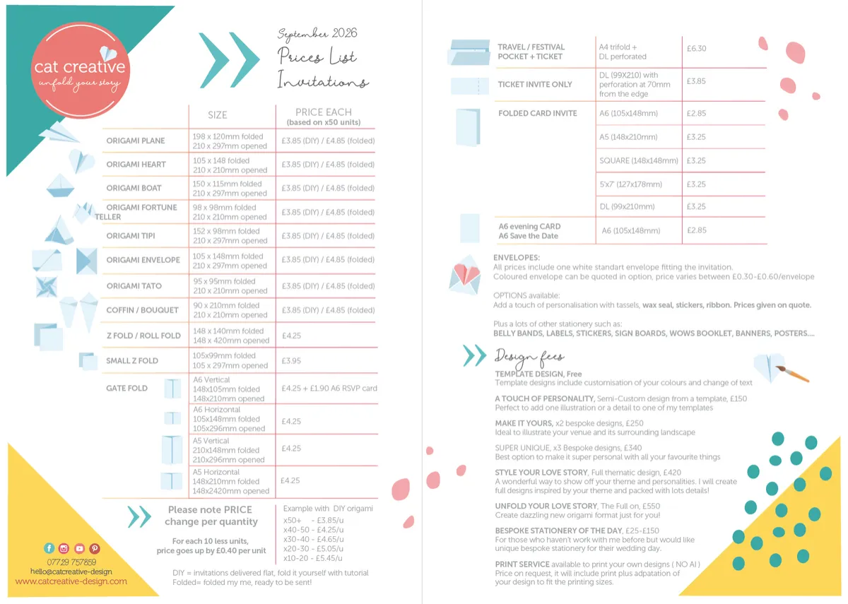price list of Cat Creative wedding stationery designer, showing the prices of all my origami shape invitation and design fees