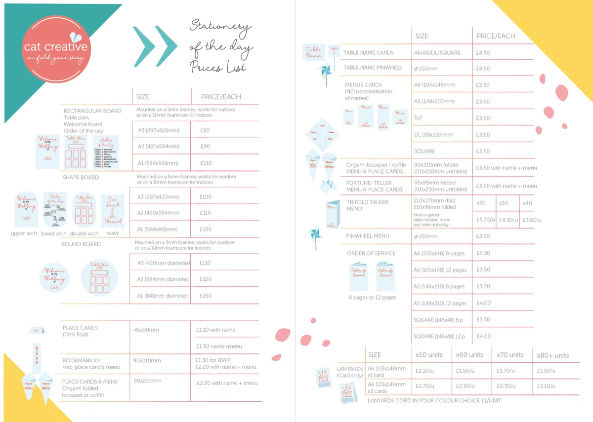 Price list of Cat creative wedding stationery designer, showing the prices of all stationery of the day items, welcome board, table plan, order of the day, place cards, menu, bookmarks, table name/numbers, order of service, VIP lanyards, origami formats stationery