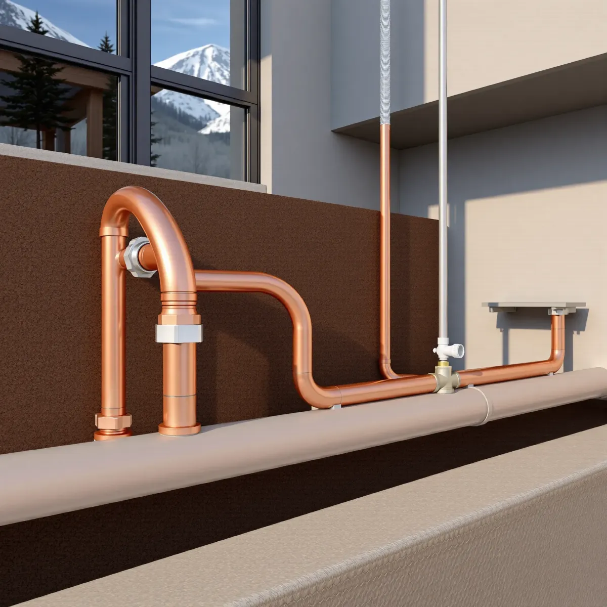Detailed view of new Aspen plumbing system with copper and PVC pipes, valves, and fitting details highlighting craftsmanship.