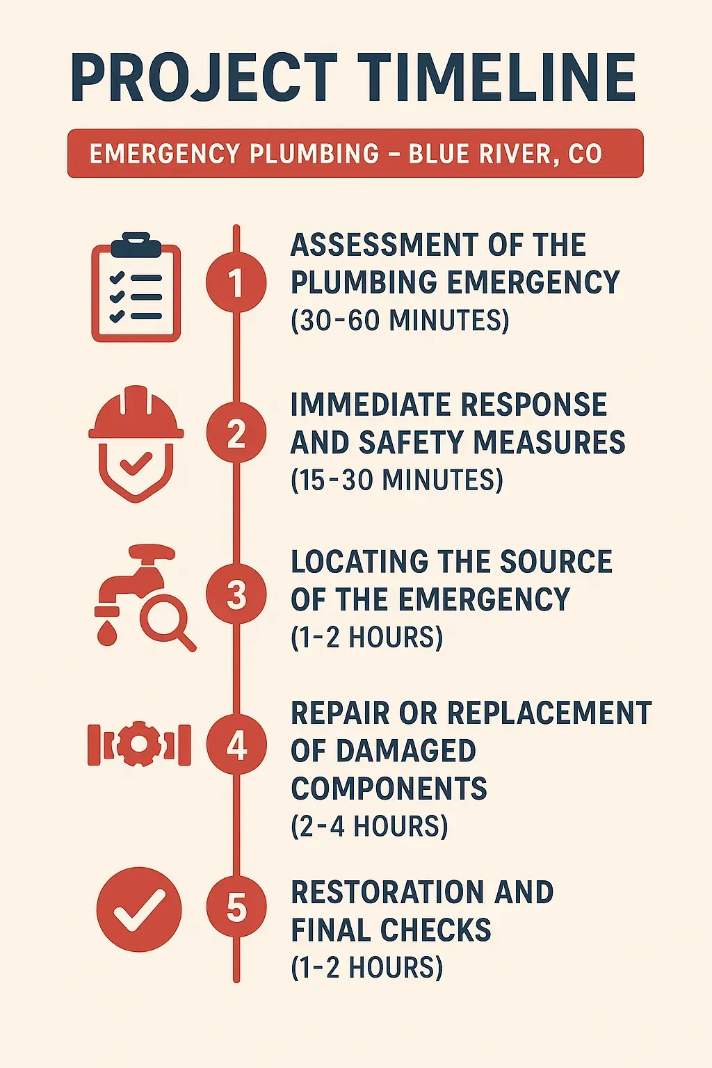 Infographic showing a 5-step timeline for emergency plumbing repair in Blue River, CO, from assessment to final checks.