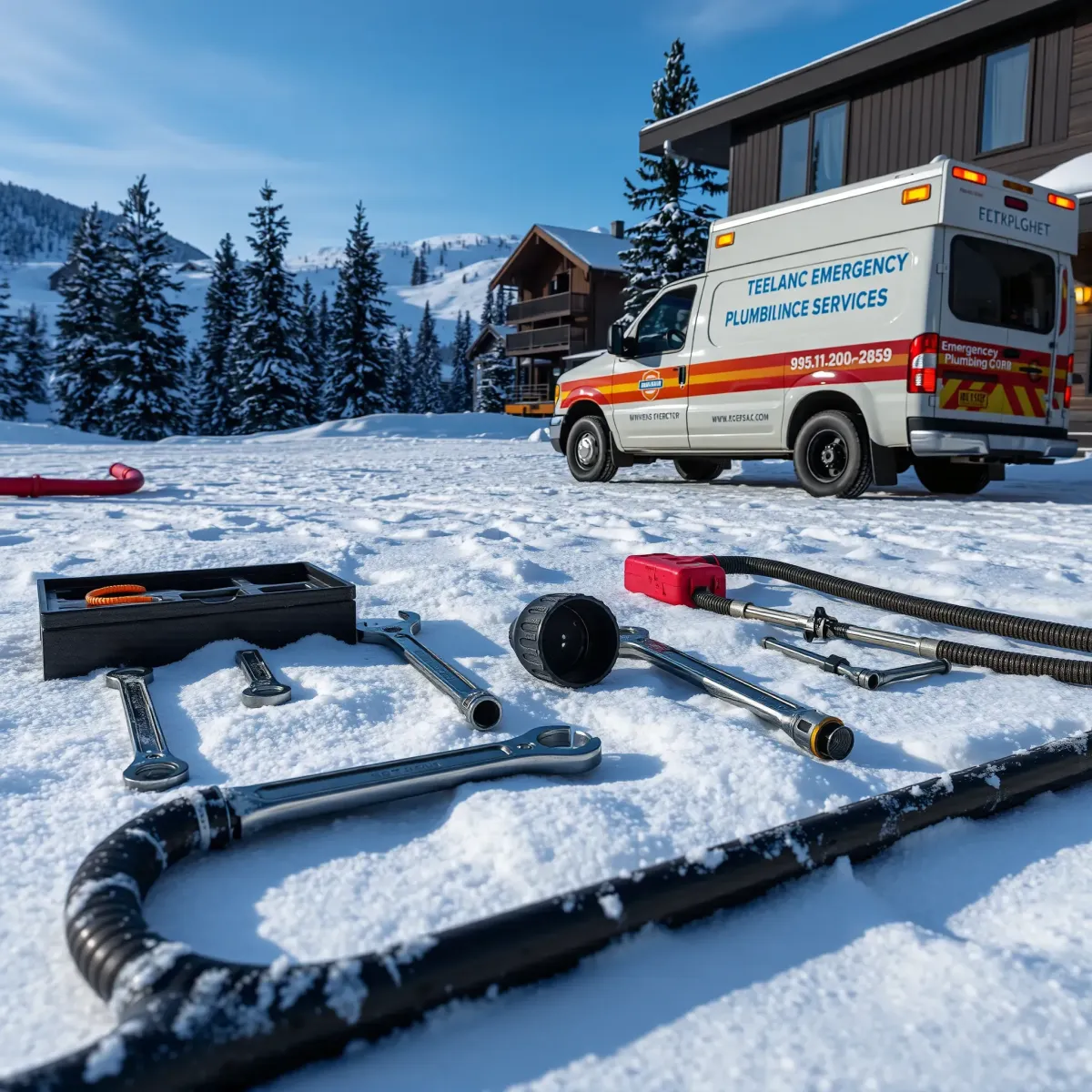 Emergency plumbing truck with tools near a mountain building in snowy Copper Mountain, Colorado.