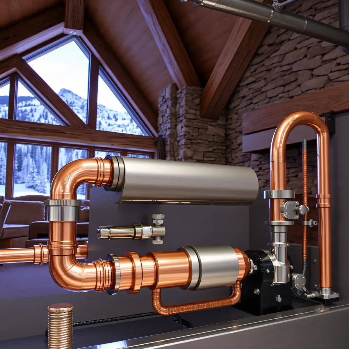 Clean, organized emergency plumbing system with copper pipes and fixtures inside a rustic mountain lodge in Snowmass Village, CO.
