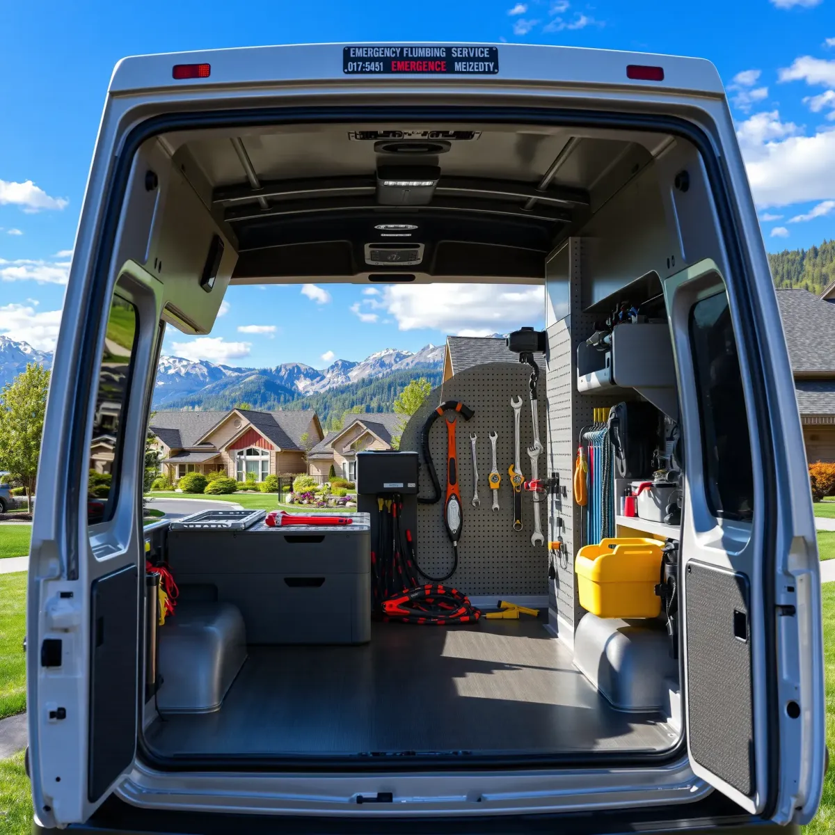 Emergency plumbing van with organized tools in front of a Colorado home, mountain scenery, lush greenery.