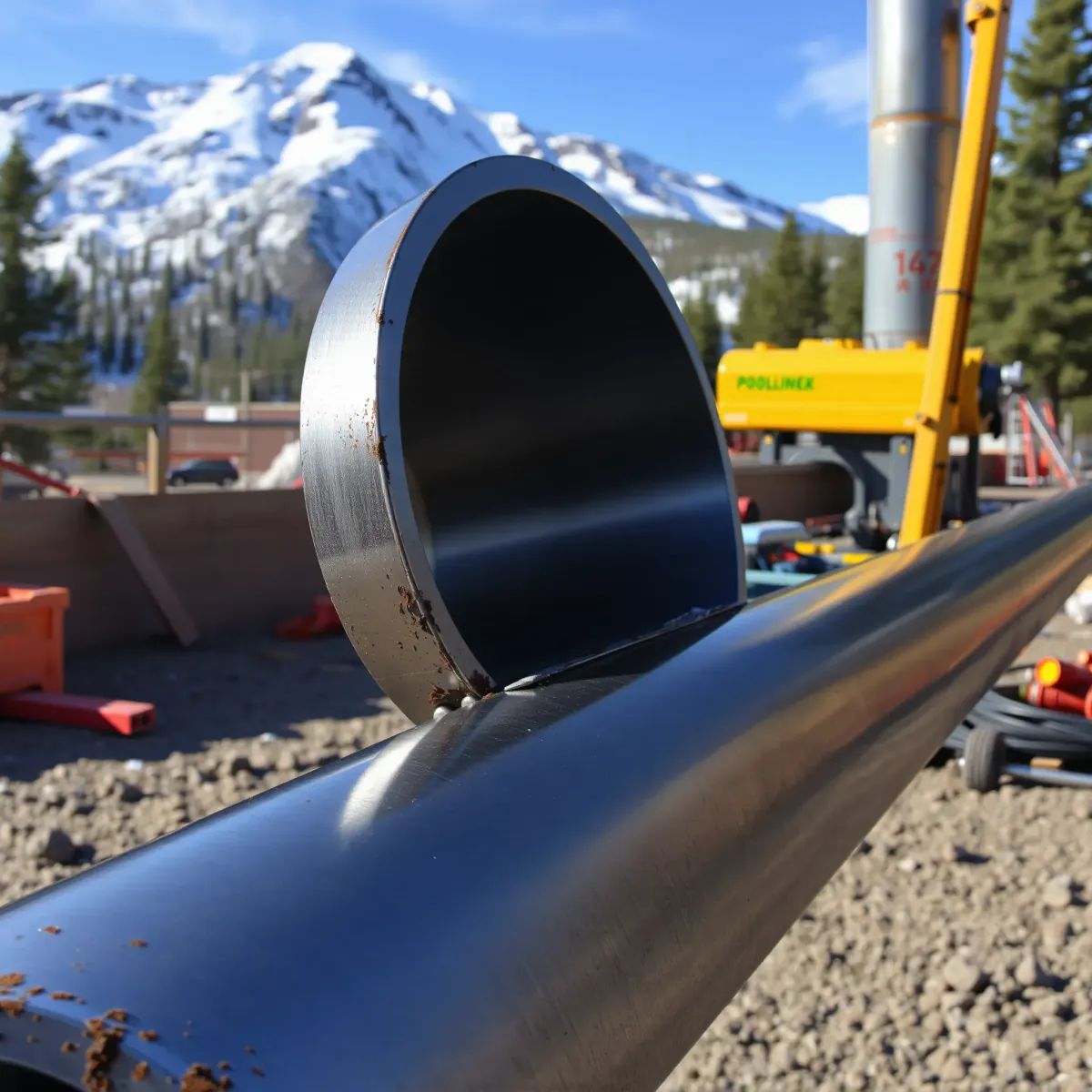 Newly repaired metal pipe in Breckenridge, CO with precise welds, set against snowy mountains and pine trees.