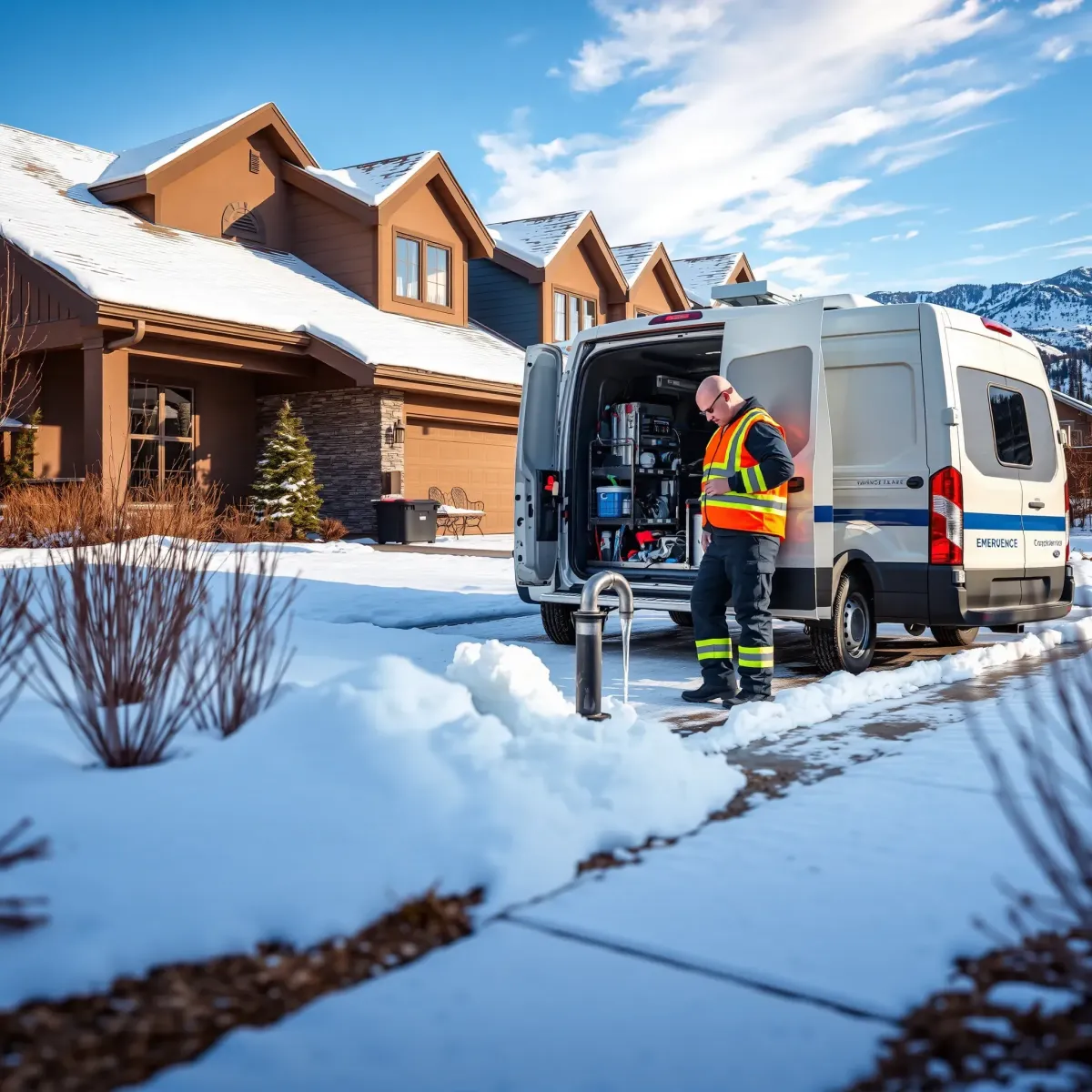 Emergency plumber inspecting a burst pipe outside a snow-covered home in Frisco, Colorado mountain town.