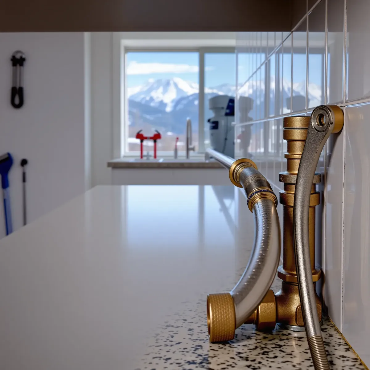 Completed emergency plumbing repair in Blue River, CO with galvanized pipes, brass fittings, and organized tools by mountain window.