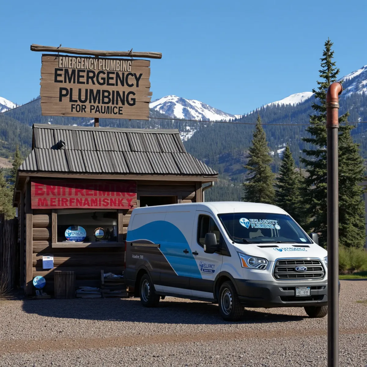 Rustic plumbing shop in Minturn, CO, with a service van, mountain views, pine trees, and recent repair work.