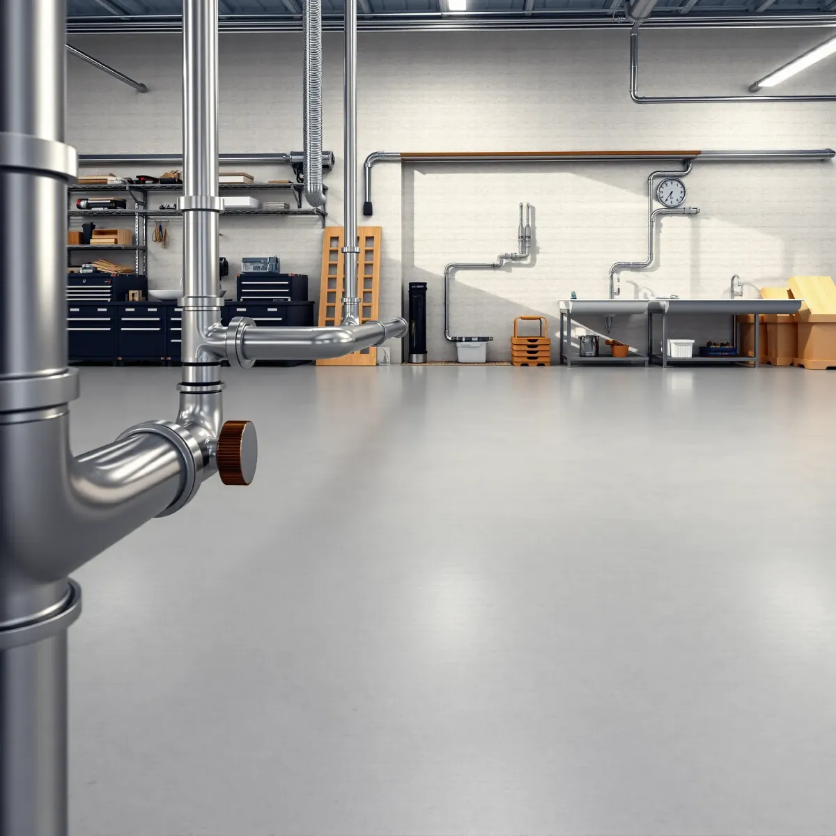 Completed high-quality stainless steel plumbing system installation in a clean Georgetown workshop, showcasing craftsmanship.