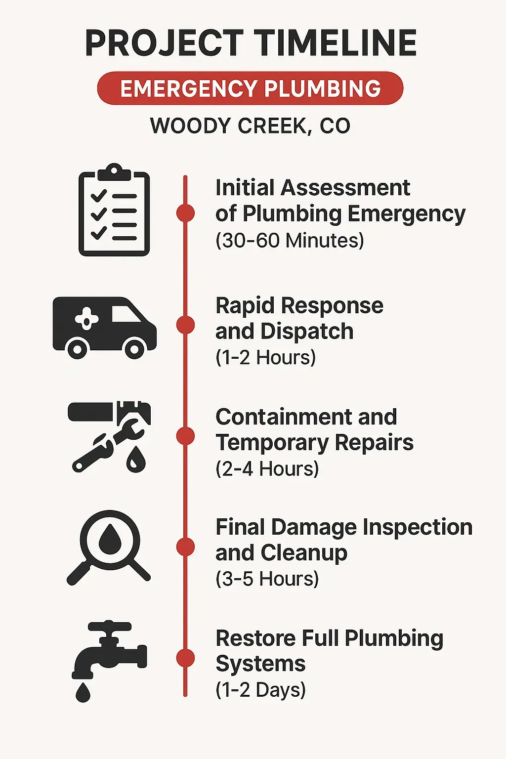 Infographic showing Emergency Plumbing project timeline in Woody Creek, CO: assessment, response, repairs, cleanup, and restoration.