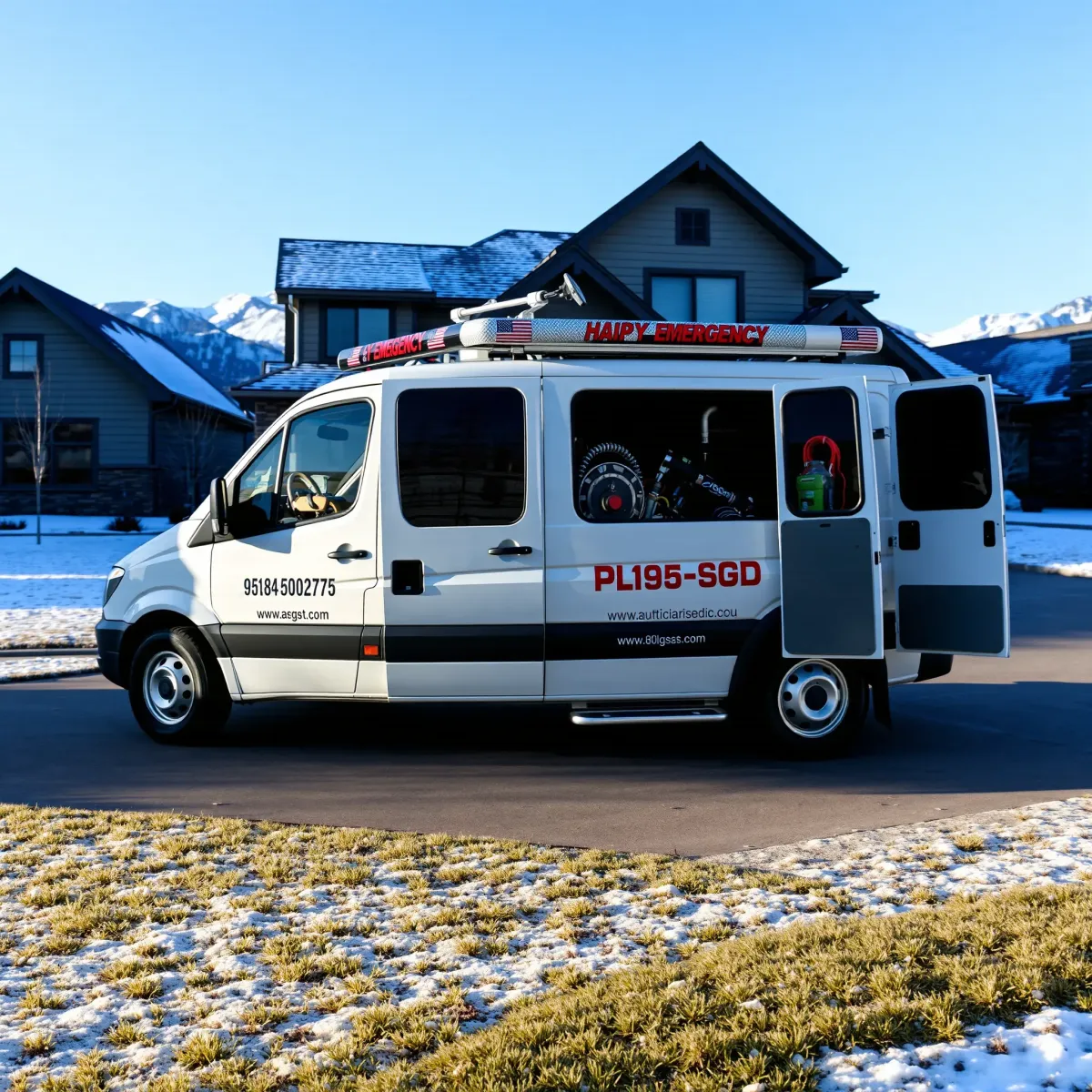 Emergency plumbing service vehicle parked in front of a modern home in Burns, CO, with mountain and snowy scenery.