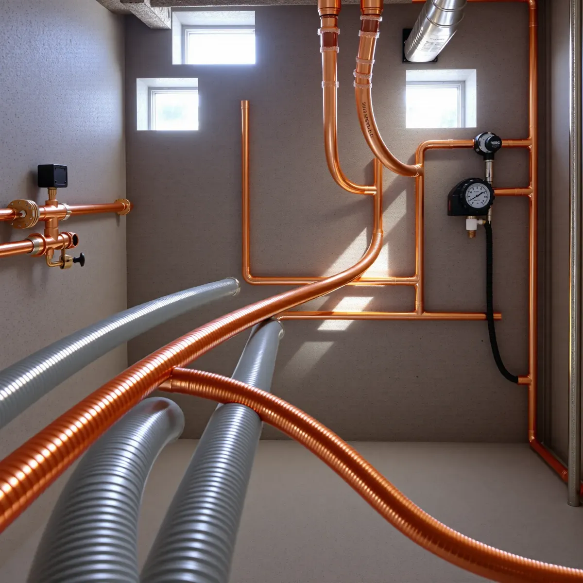 Completed copper plumbing system in a clean basement with organized tools, gauges, and durable concrete walls in Copper Mountain, CO.