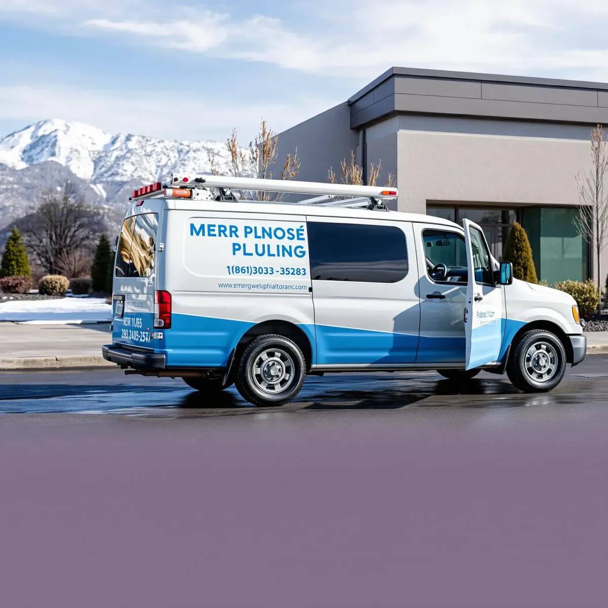 Emergency plumbing van in Frisco, CO, in front of a modern building with snowy mountains and neat landscaping.