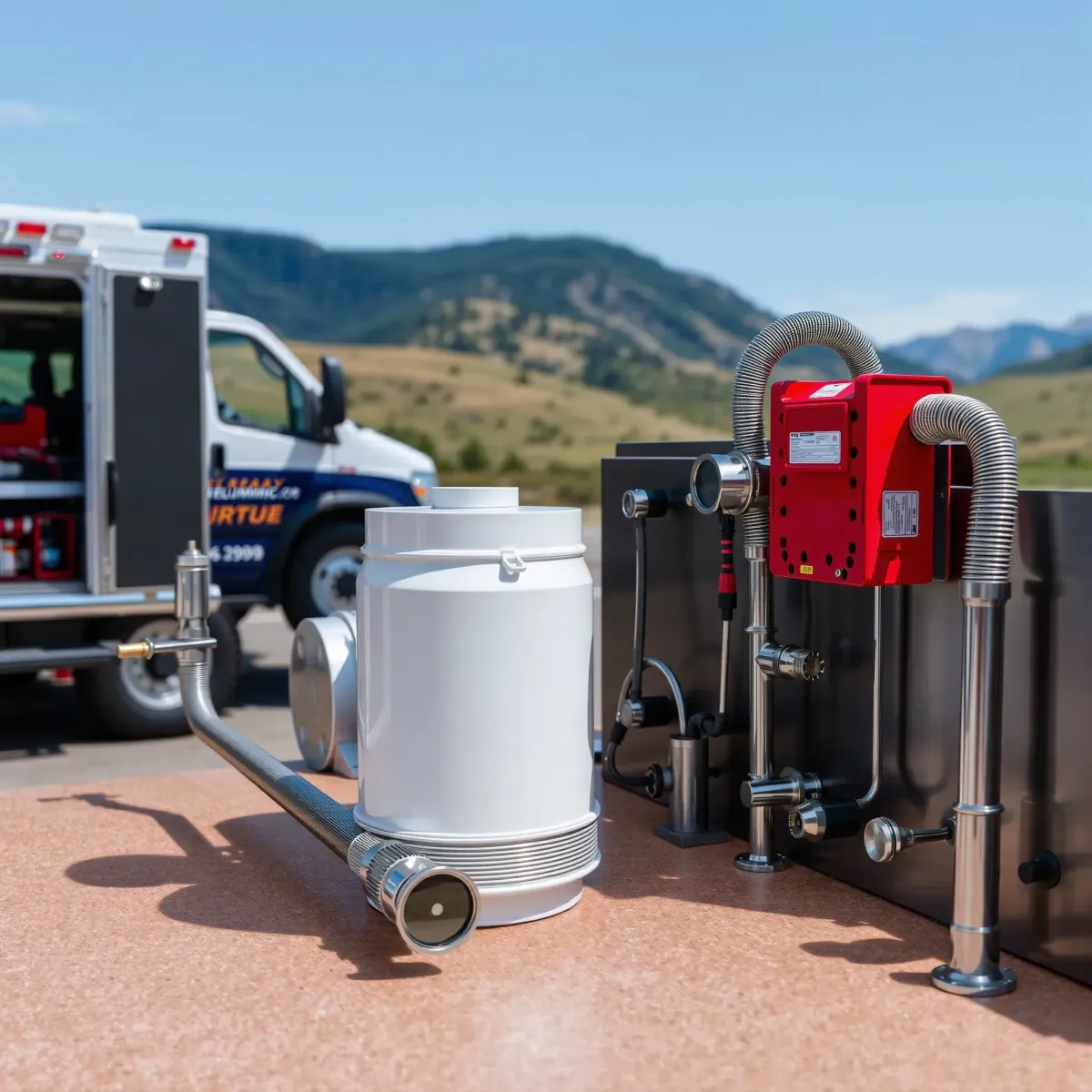 Emergency plumbing setup in Fairplay, CO, featuring tools, piping, and a plumbing truck with mountain scenery.