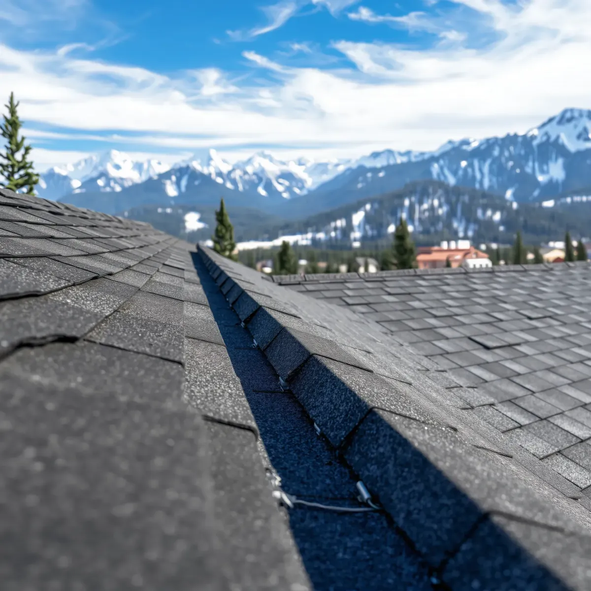 Recently repaired residential roof in Breckenridge, CO with new shingles, snow-capped mountains, and lush evergreen trees.