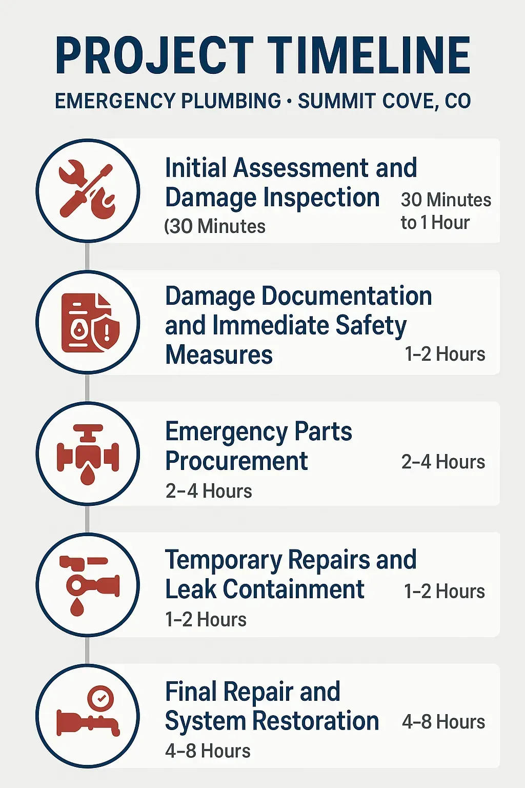 Infographic showing 5-step emergency plumbing timeline in Summit Cove, CO from assessment to system restoration.