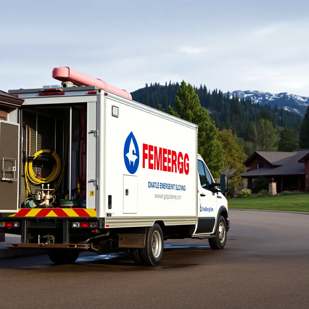Emergency plumbing truck with tools outside a building in scenic Bond, CO, featuring mountains and lush greenery.