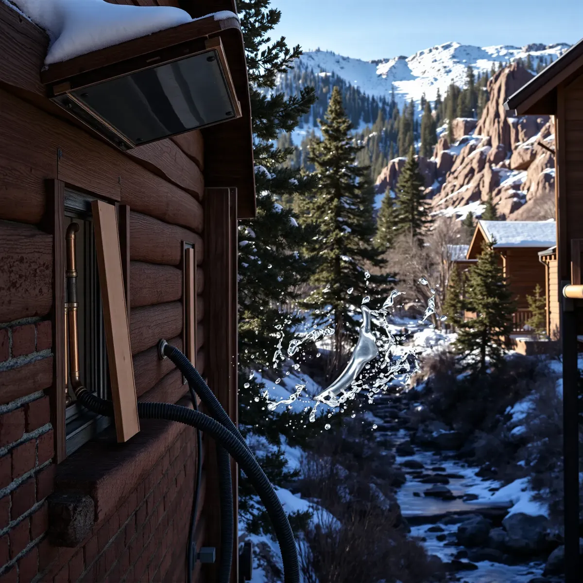 Emergency plumbing repair scene in Silver Plume, Colorado, showing copper pipes, tools, and a burst water line near a rustic building with mountain views.