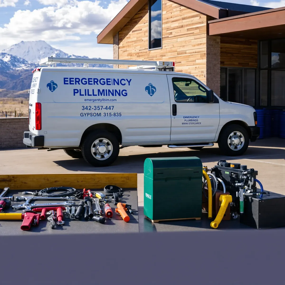 Emergency plumbing truck with tools outside a building in Gypsum, CO, set against mountain views, highlighting quick service.