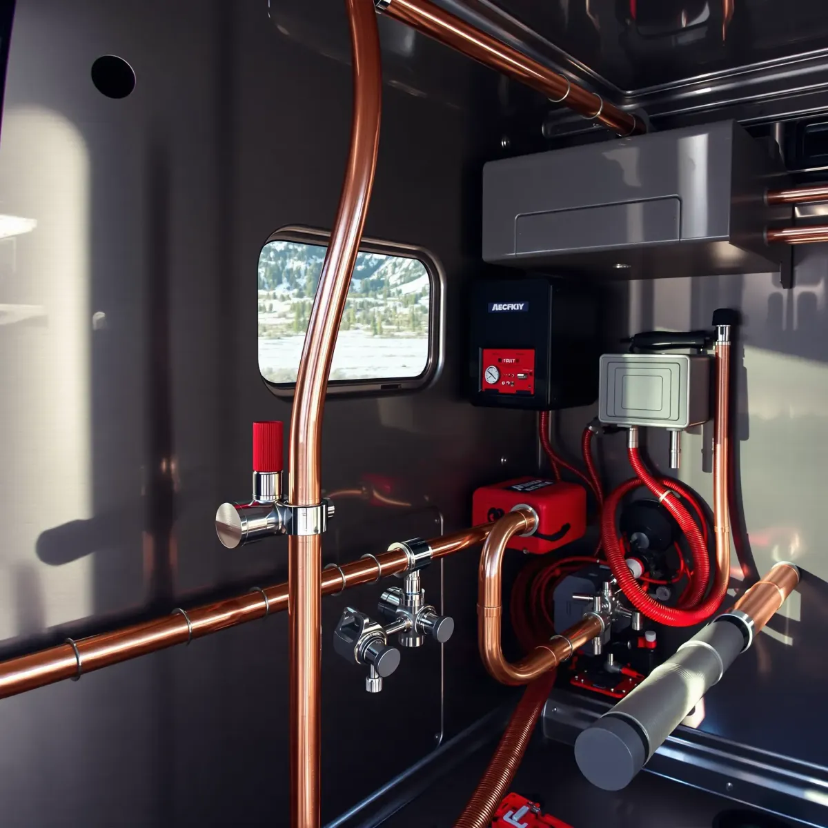 Freshly completed emergency plumbing repair in Red Cliff, CO, with copper pipes, modern fixtures, tools, and a mountain background.
