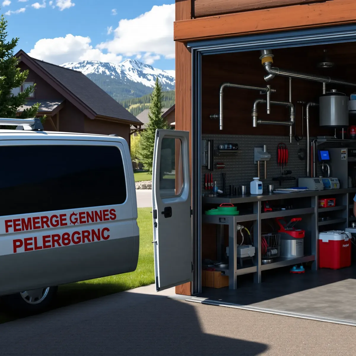 Professional emergency plumbing service van in Silverthorne, CO, with tools, fixtures, and mountain scenery.