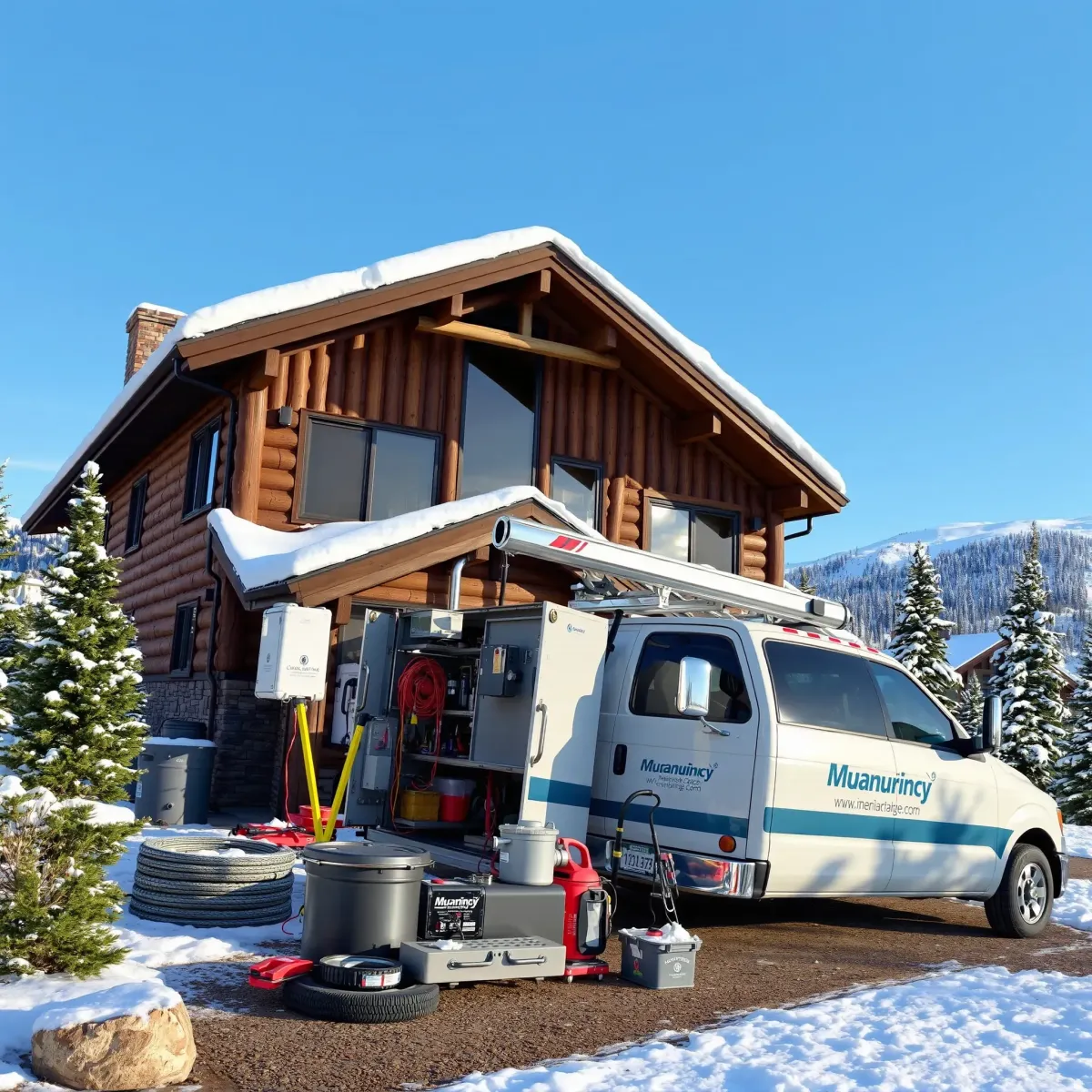 Emergency plumbing truck outside a mountain home in Snowmass Village, CO, with tools, snow-covered trees, and winter landscape.