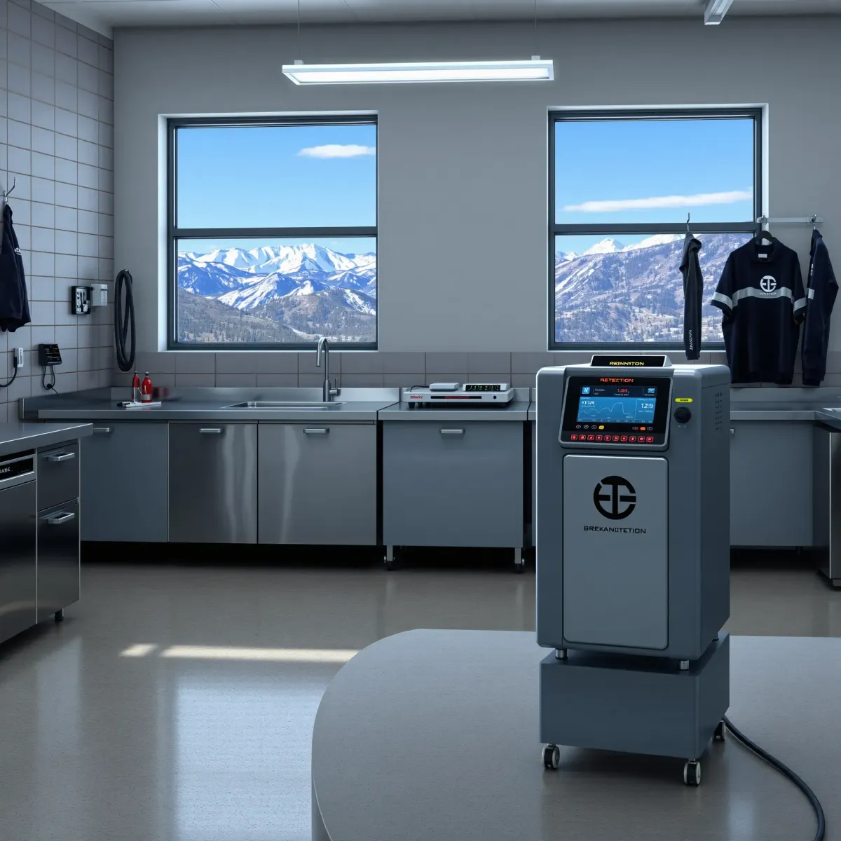 Organized appliance repair workshop in Breckenridge, CO featuring leak detection tools, diagnostic equipment, and mountain views.