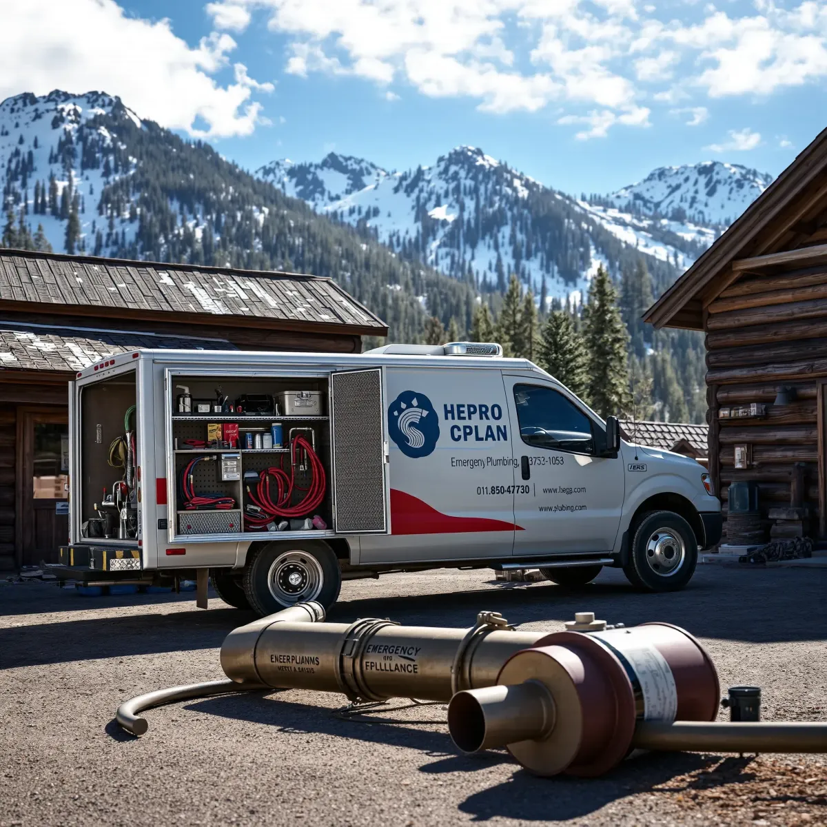 Emergency plumbing truck in Red Cliff, CO, parked outside mountain town building with tools and Colorado mountain backdrop.