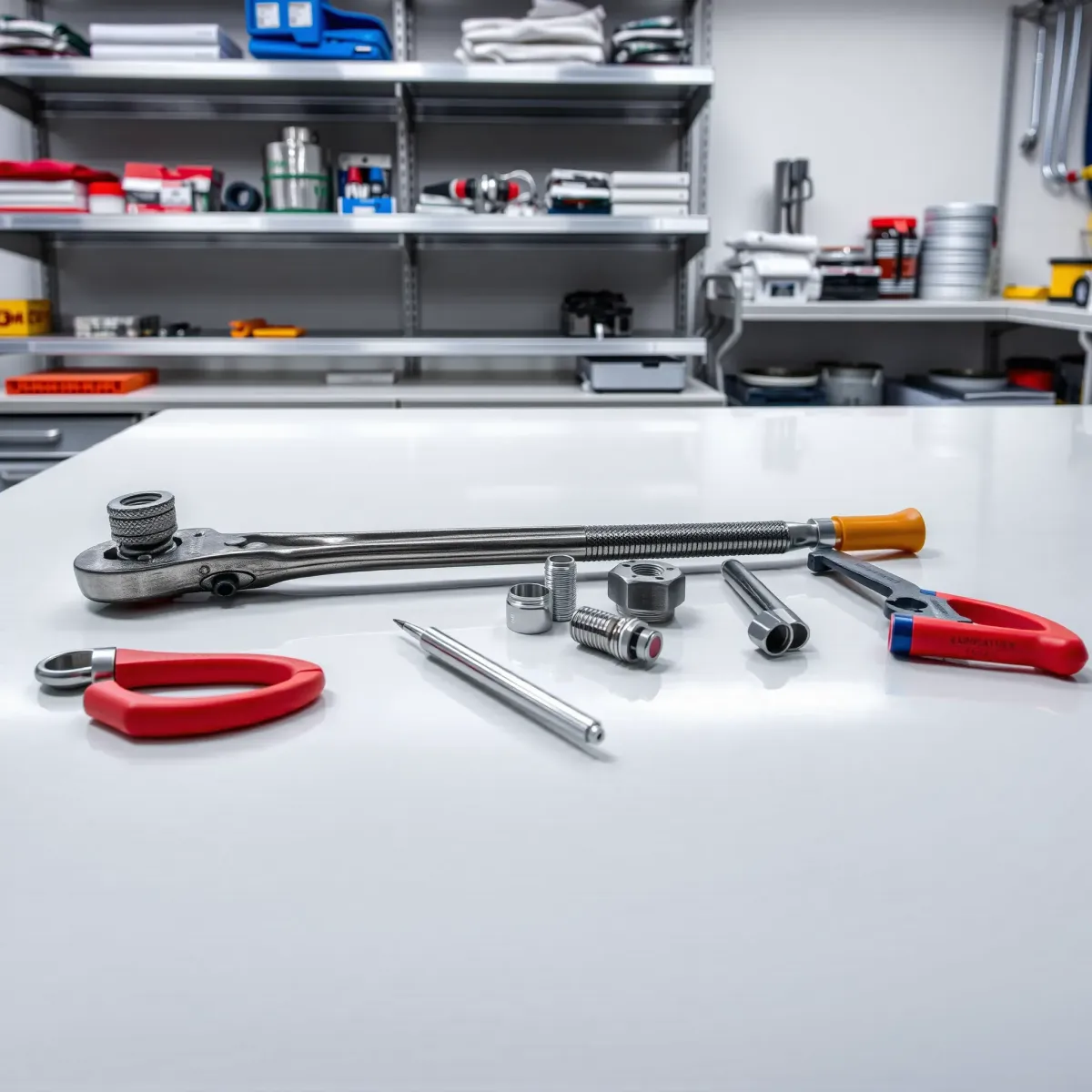 Organized emergency plumbing toolkit on a clean workbench with tools, fittings, and supplies in a modern, well-lit workshop.