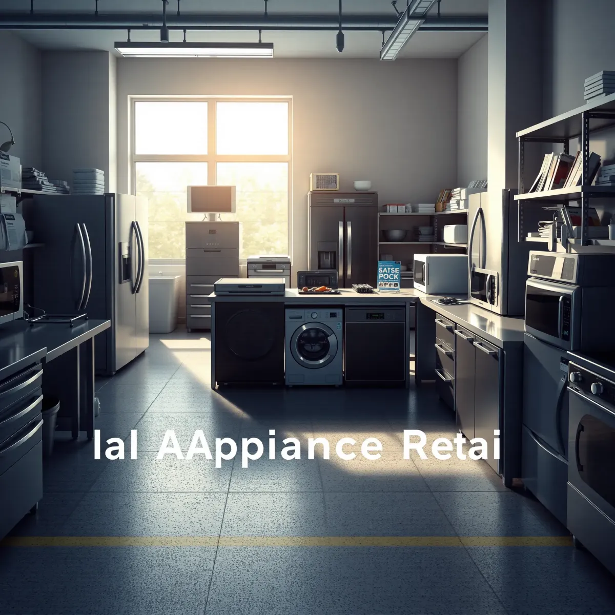 Clean appliance repair workshop with organized tools, appliances, and parts in a bright, modern, professional setting.