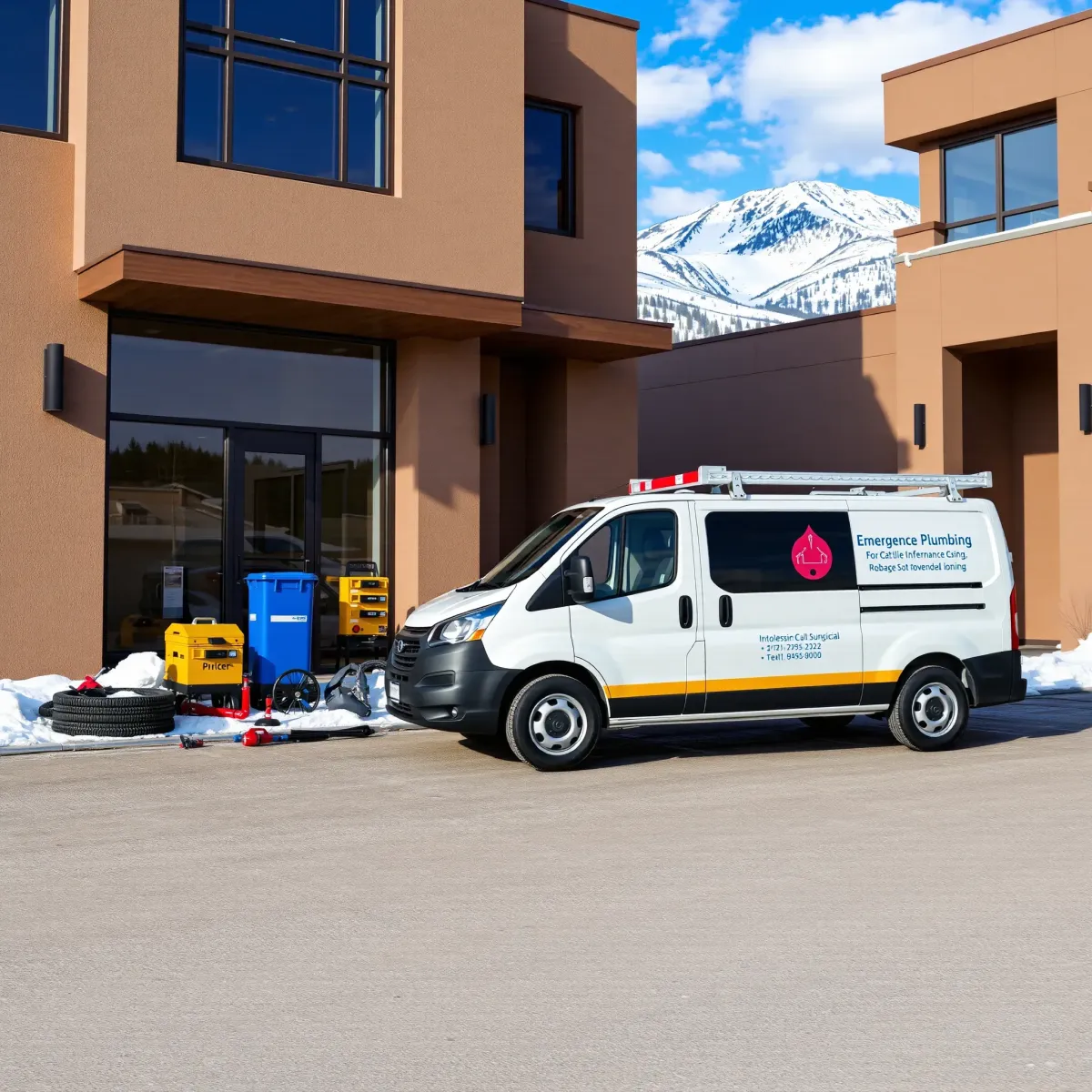 Emergency plumbing van with tools outside a modern building in Beaver Creek, Colorado, amid a snowy mountain backdrop.