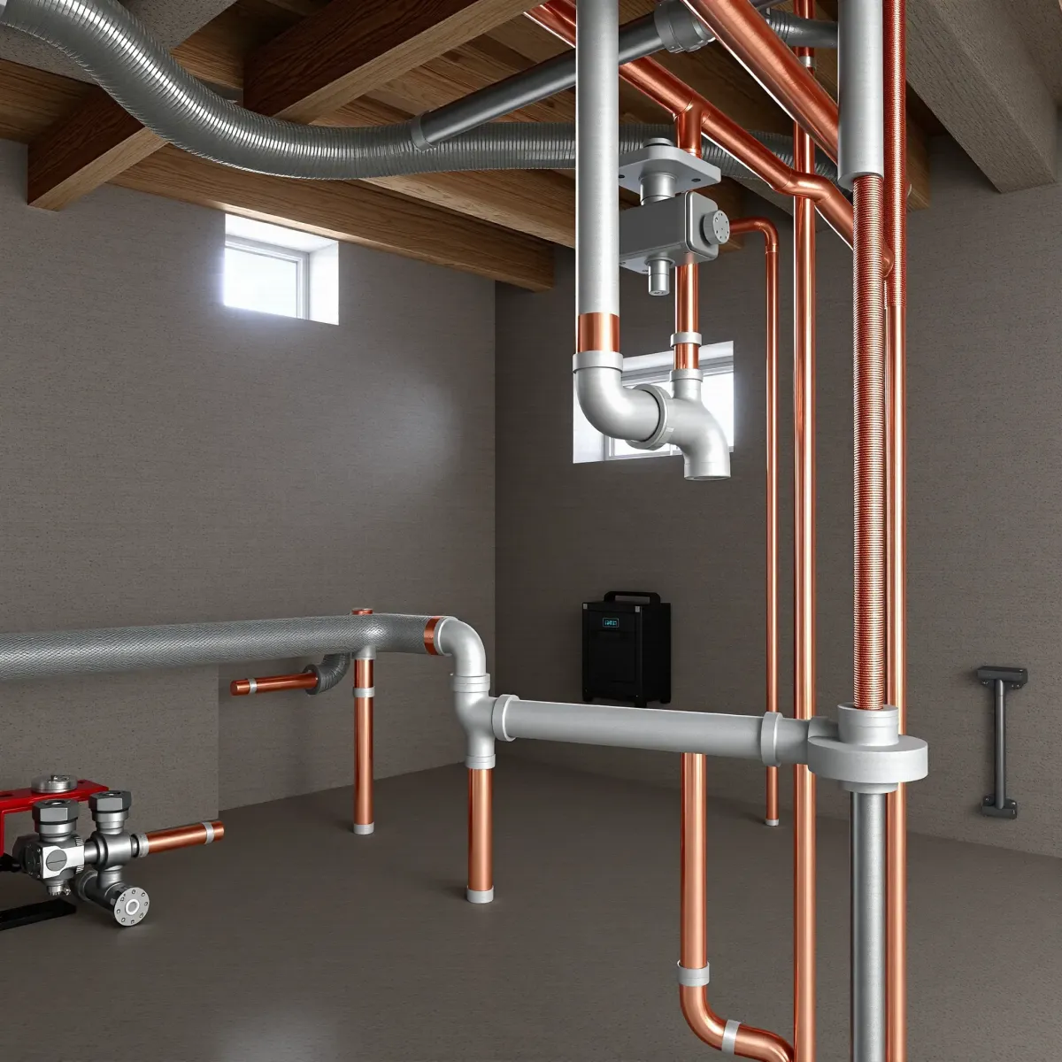 Completed copper plumbing system in Empire, CO basement featuring modern fixtures, durable materials, and organized workspace.