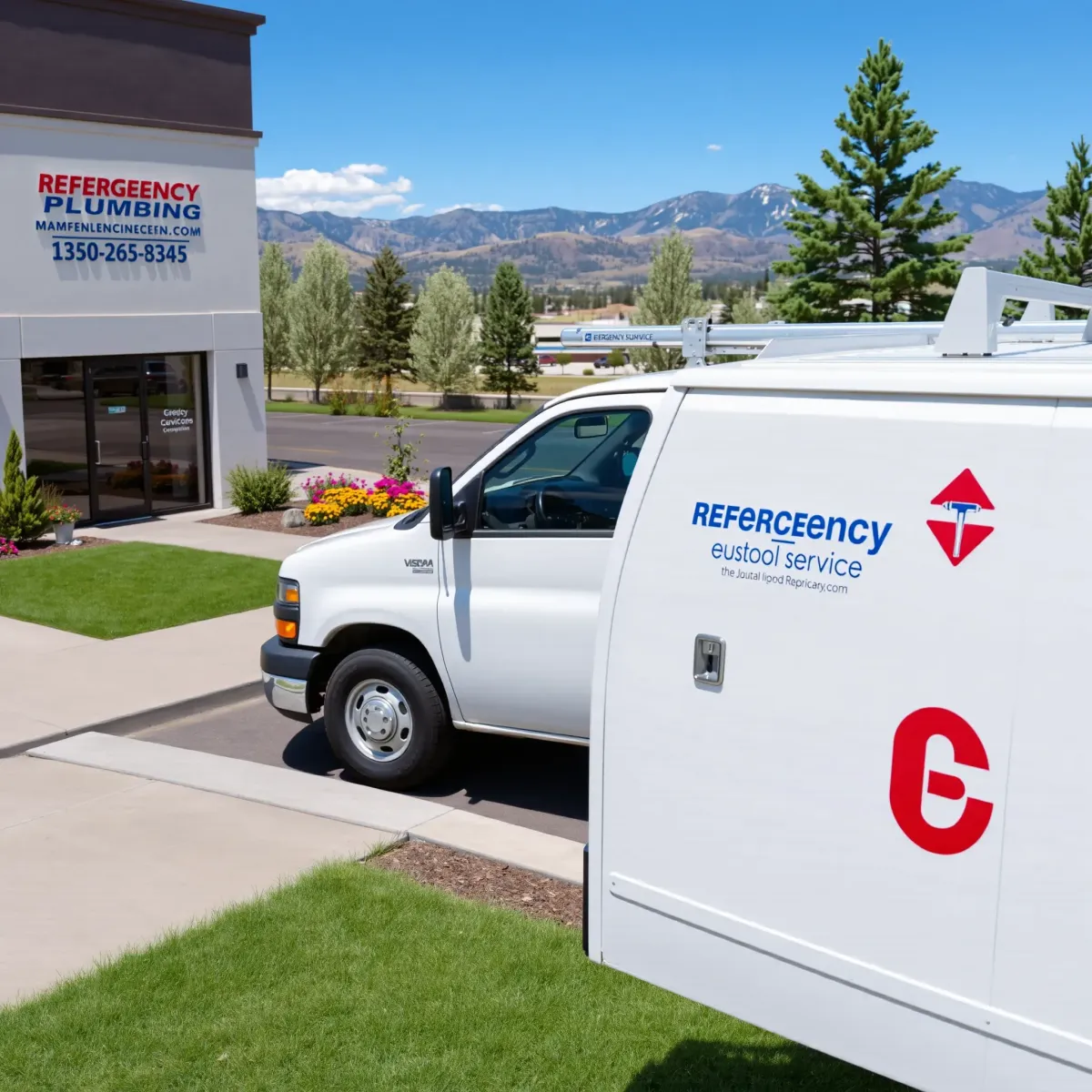 Emergency plumbing service storefront in Leadville, CO, with trucks, signage, mountain backdrop, and well-maintained landscaping.