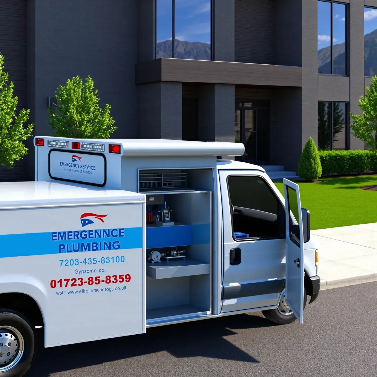 Emergency plumbing service truck parked outside a modern commercial building in Gypsum, CO with landscaping and mountain views.