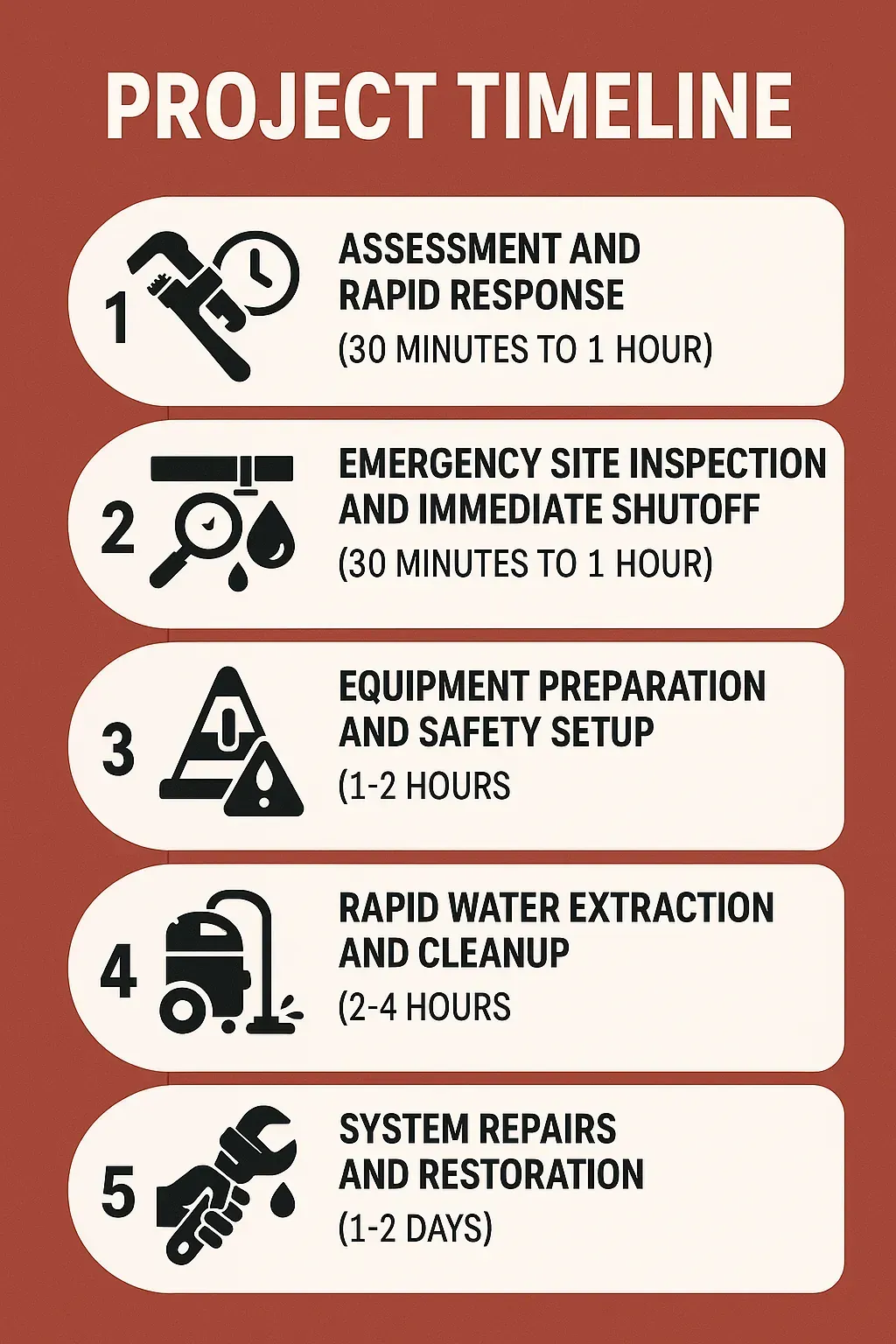 Infographic depicting 5-step emergency plumbing timeline in Fulford, CO: assessment, inspection, safety prep, cleanup, repairs.