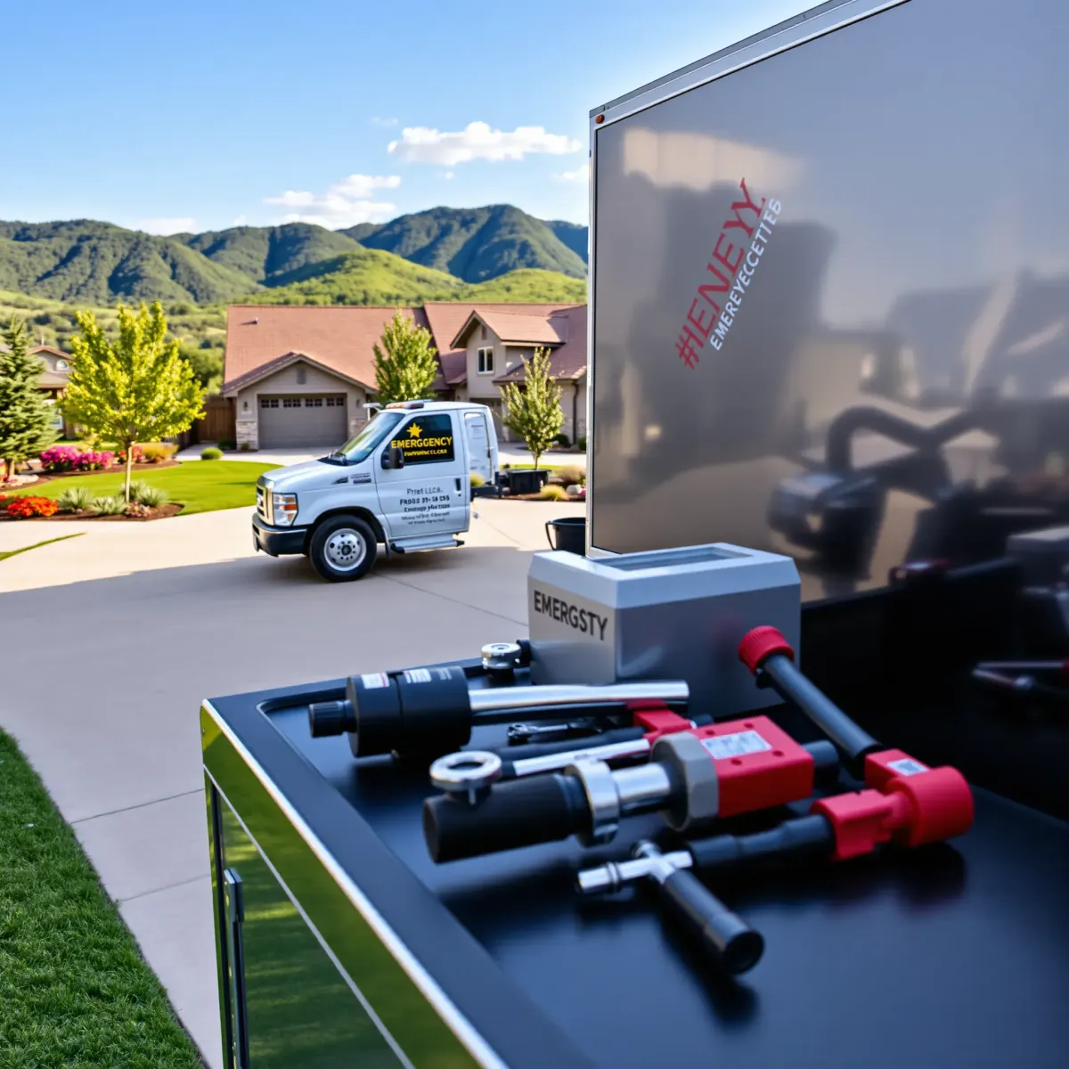 Modern emergency plumbing truck parked outside a residential home in Heeney, Colorado, with scenic green hills and mountain views.
