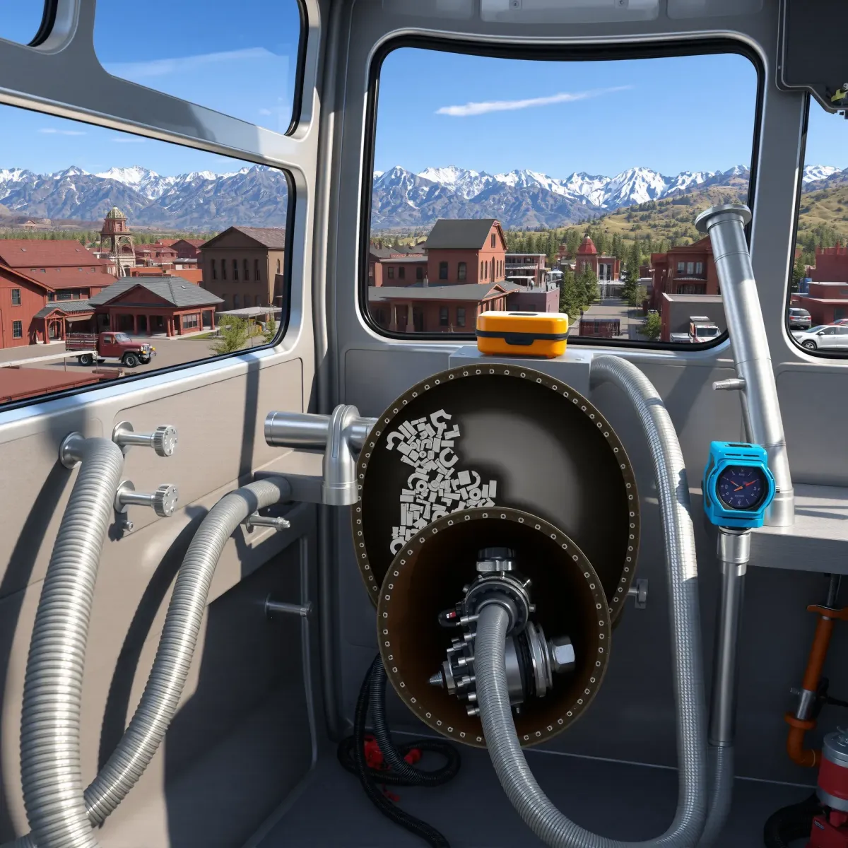 Modern emergency plumbing setup in Georgetown, CO with tools, pipes, and scenic mountain views.