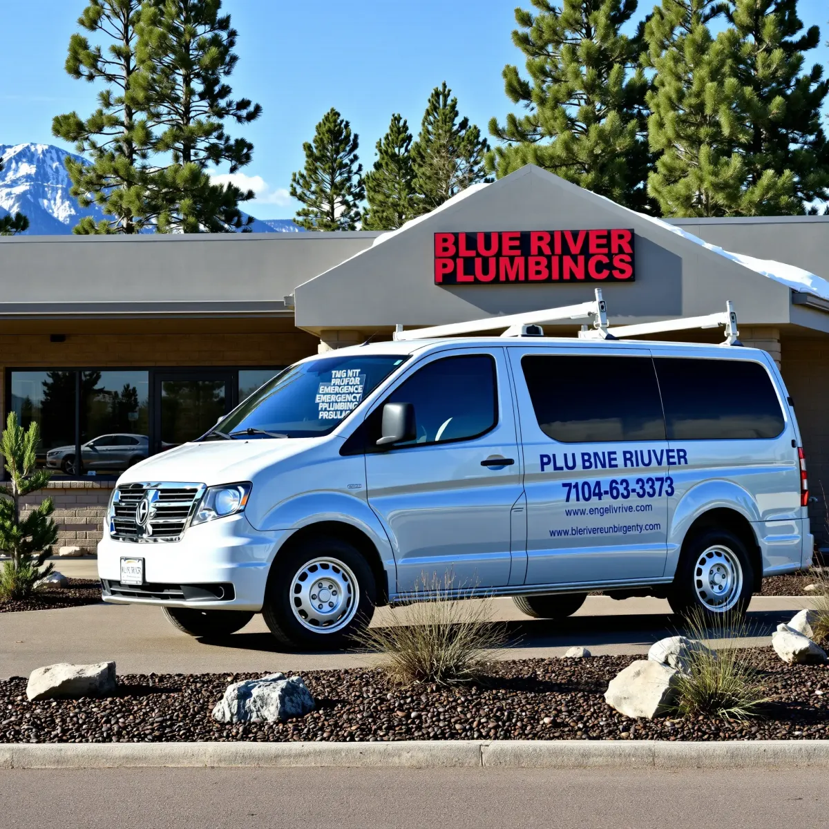 Professional plumbing business in Blue River, CO with a branded service van, mountain scenery, and well-maintained storefront.