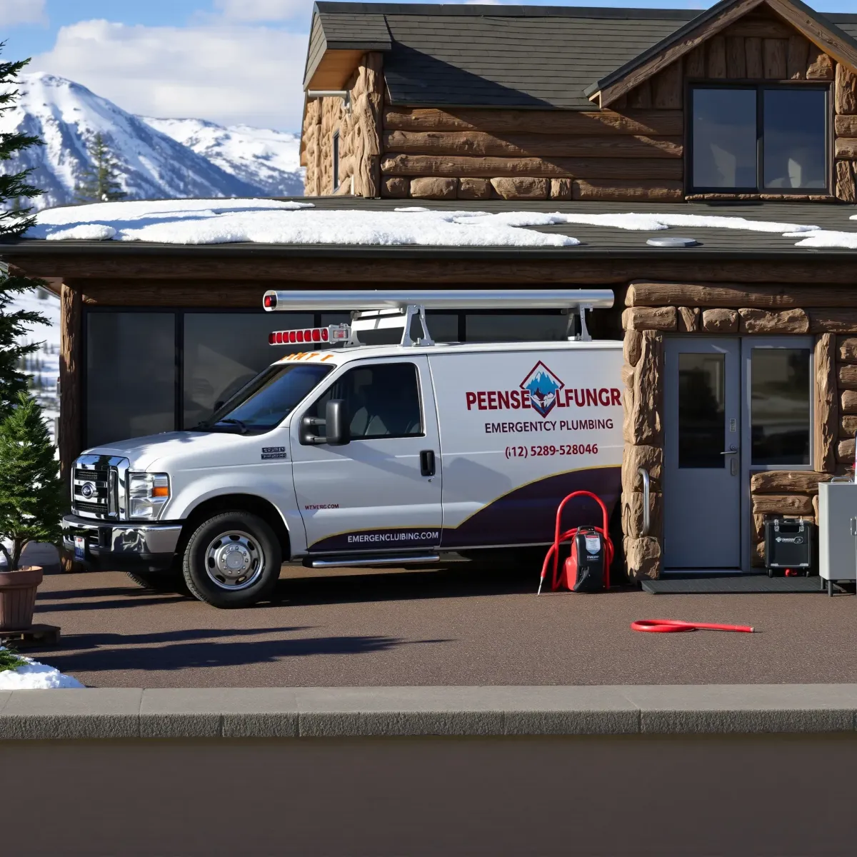 Emergency plumbing truck parked outside a mountain-style building in Fairplay, CO, with scenic snow-capped peaks and alpine trees.
