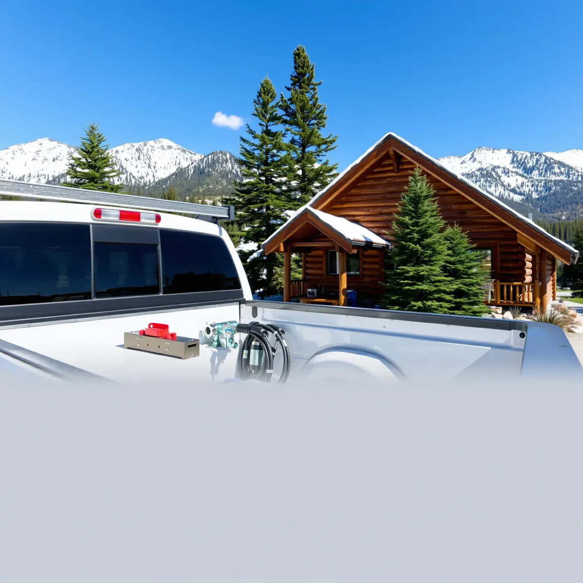 Emergency plumbing truck in Twin Lakes, CO, with tools, mountain scenery, and a cozy cabin backdrop.
