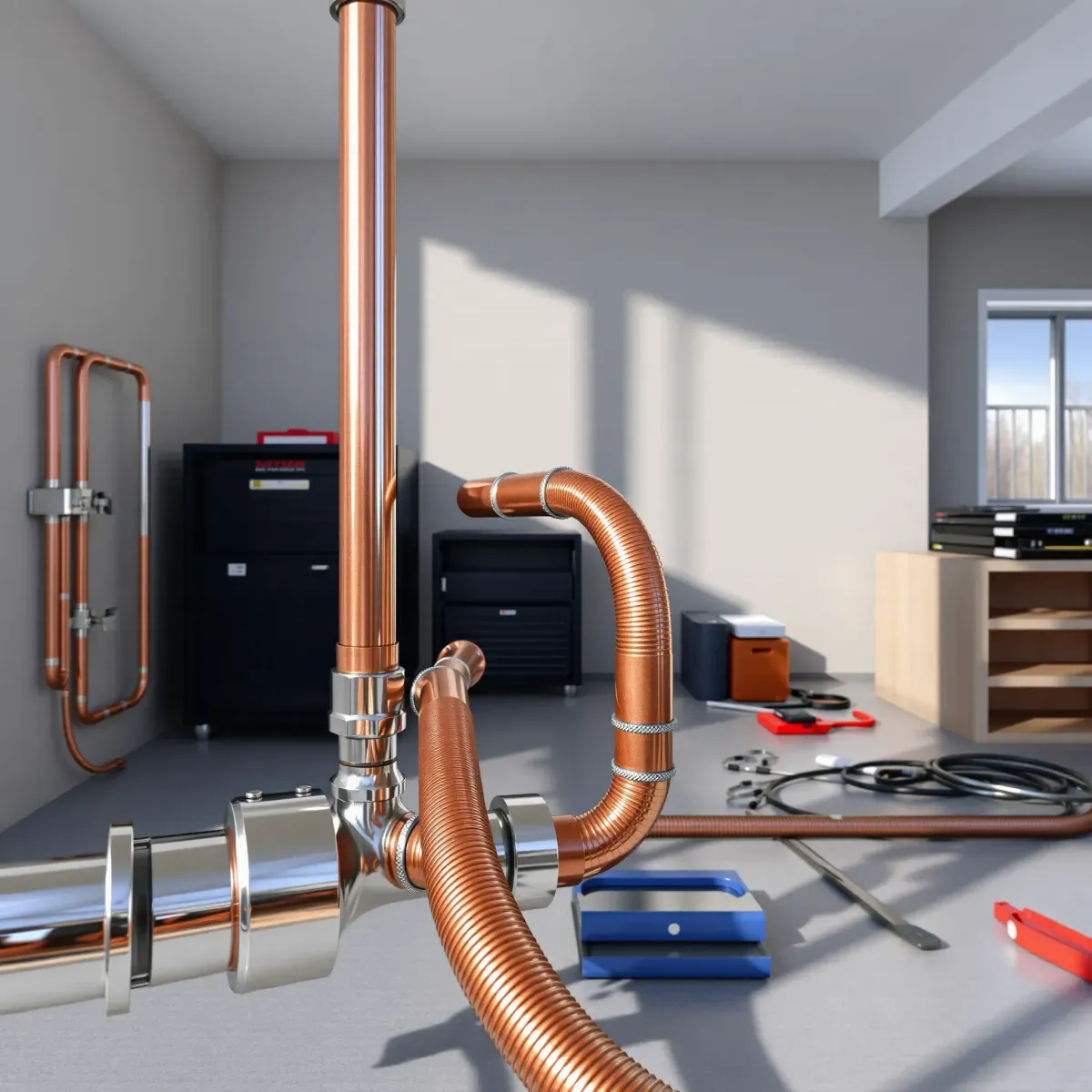 Emergency plumbing installation in Fulford, CO featuring shiny copper pipes, fittings, tools, and a clean residential interior.