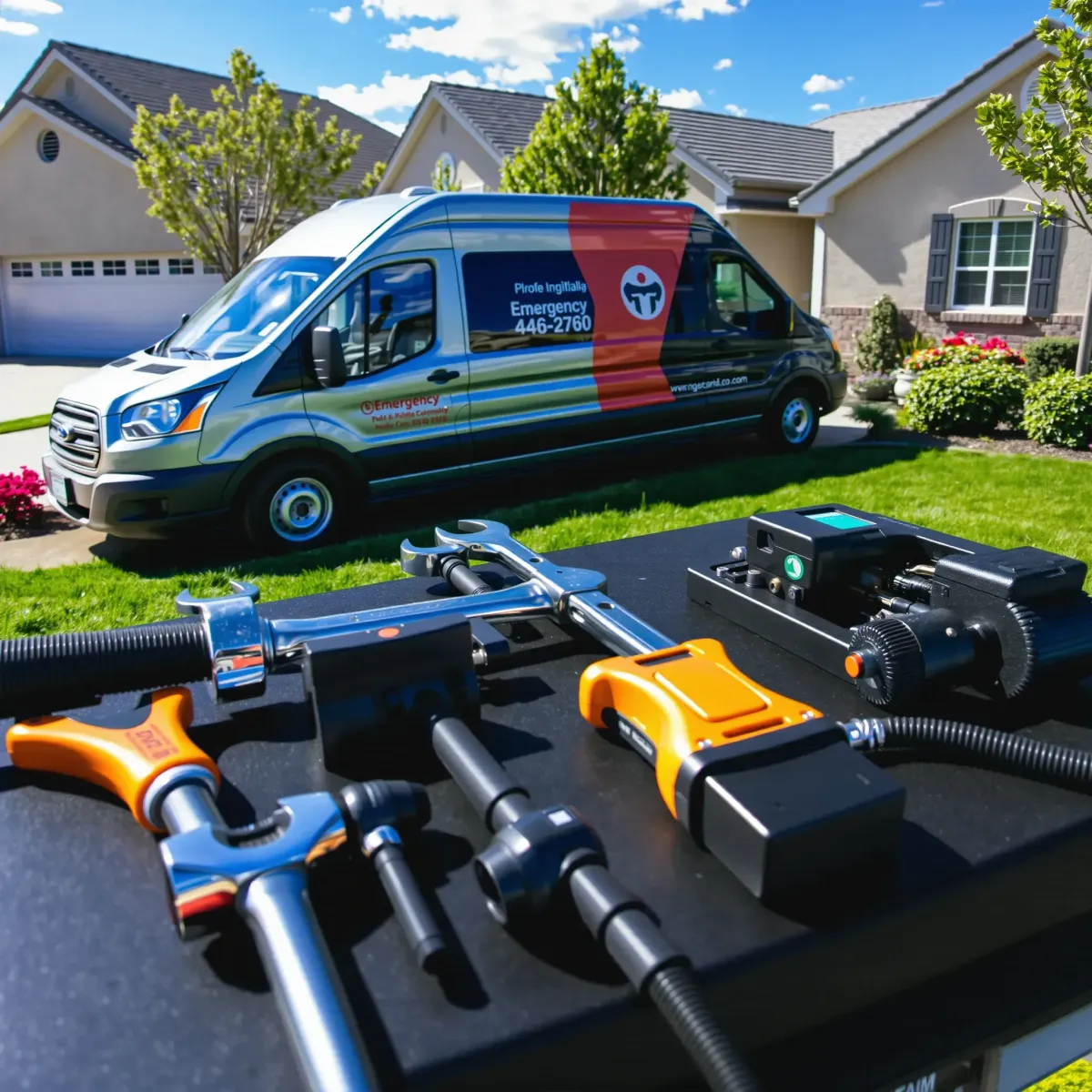 Modern emergency plumbing van outside a clean suburban home in Mesa Cortina, CO, with tools and professional branding visible.