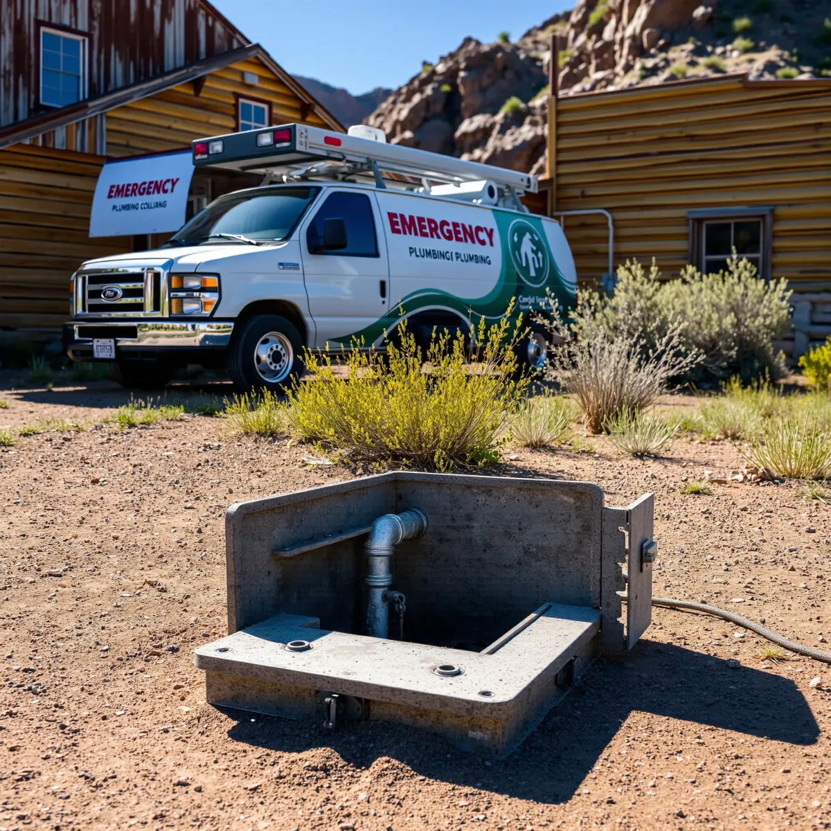 Emergency plumbing van parked outside rustic Montezuma, CO building with tools ready for urgent repairs.