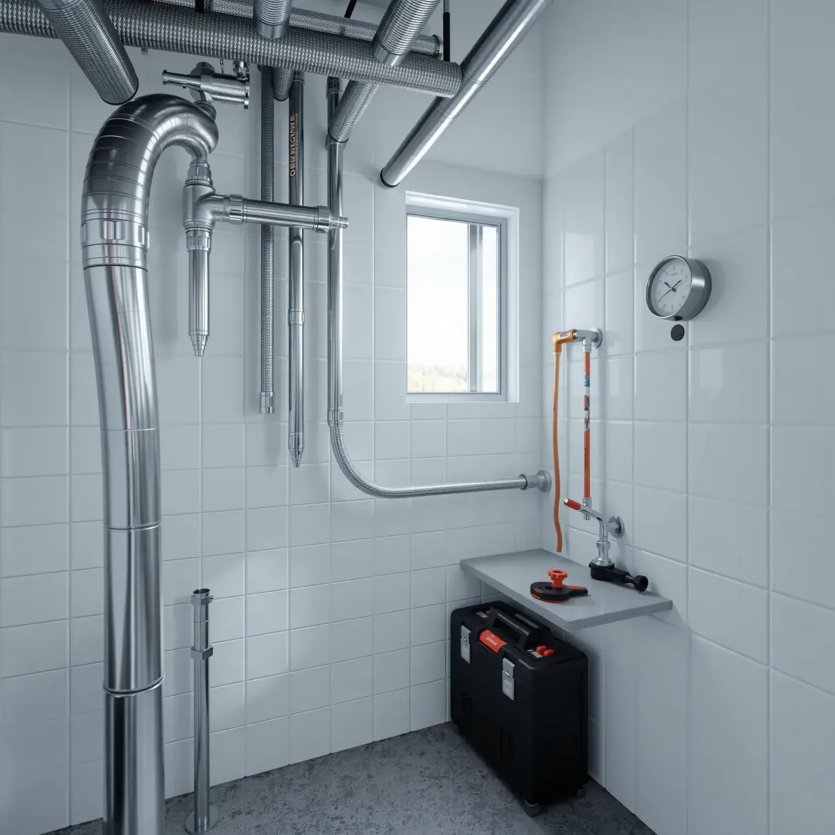 Modern emergency plumbing scene in Heeney, CO with stainless steel pipes, organized tools, and natural light in a clean utility room.