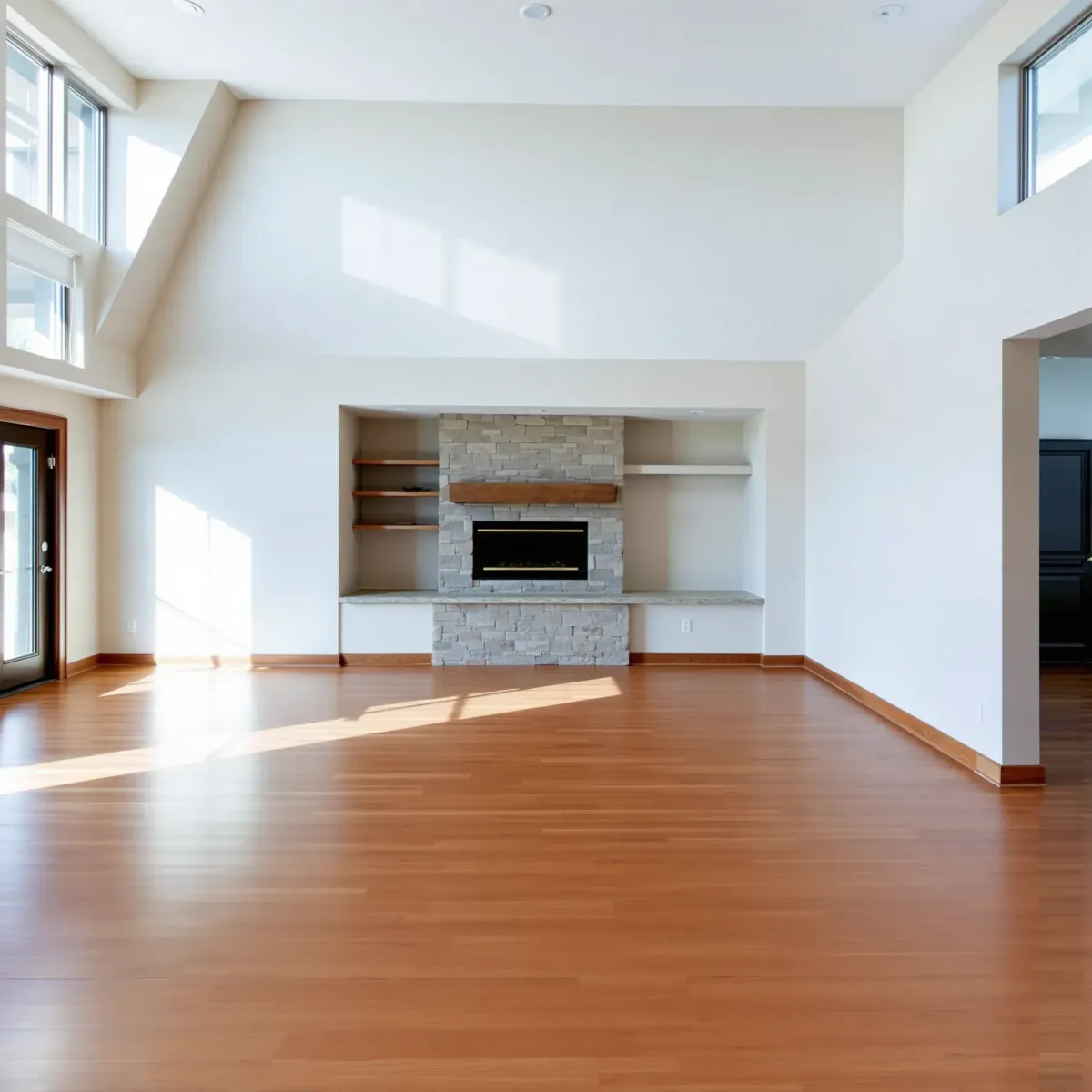 Restored Breckenridge living room with polished floors, repaired walls, recessed lighting, and a modern fireplace.