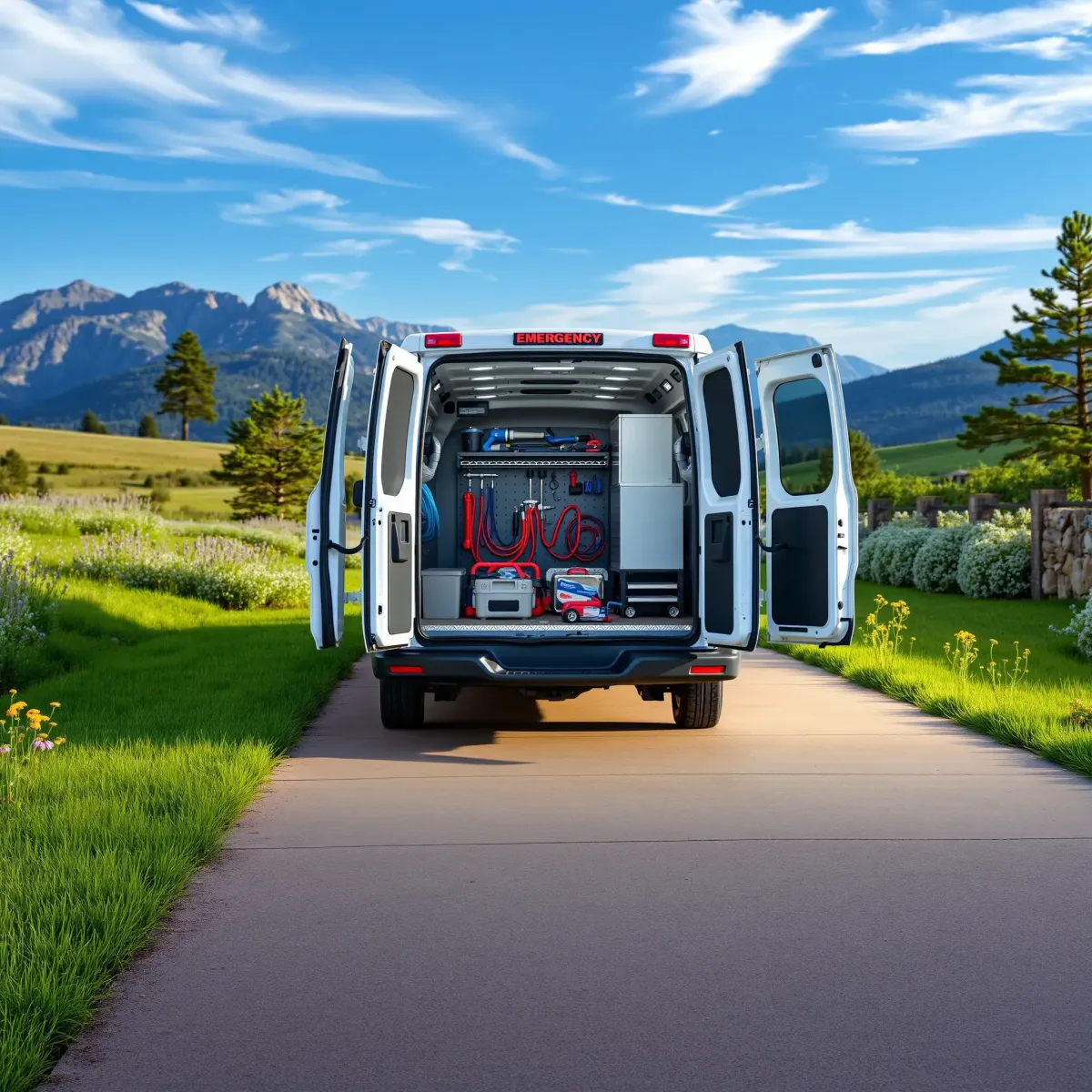 Emergency plumbing van with open tools and pipes, parked outdoors near Colorado mountains, showcasing organization and professionalism.