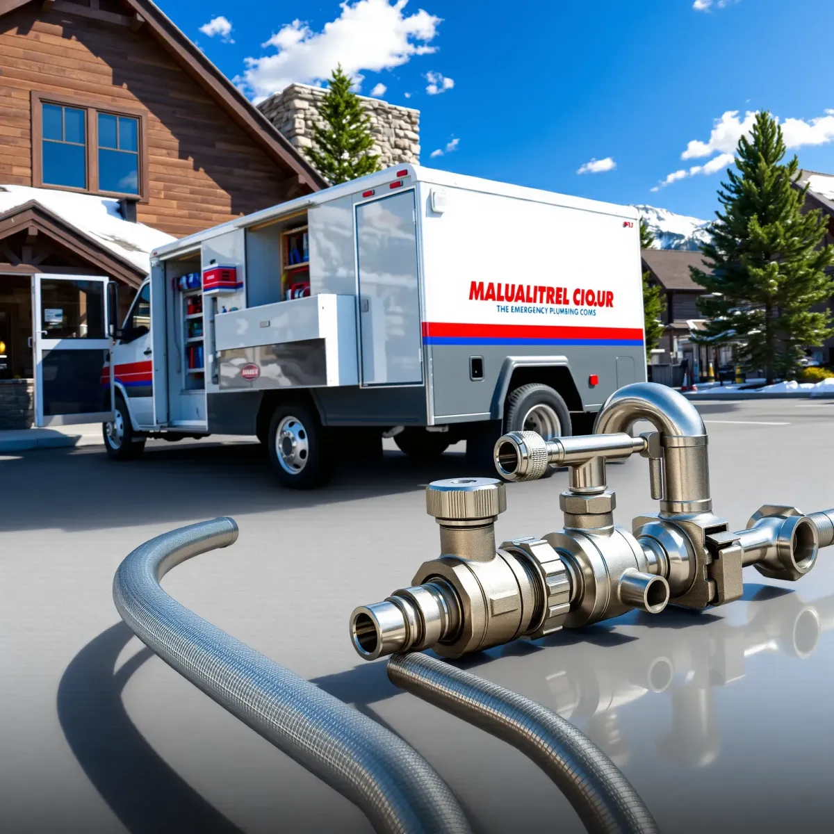 Emergency plumbing truck in Keystone, CO, with tools, pipes, and mountain scenery highlighting professional service.