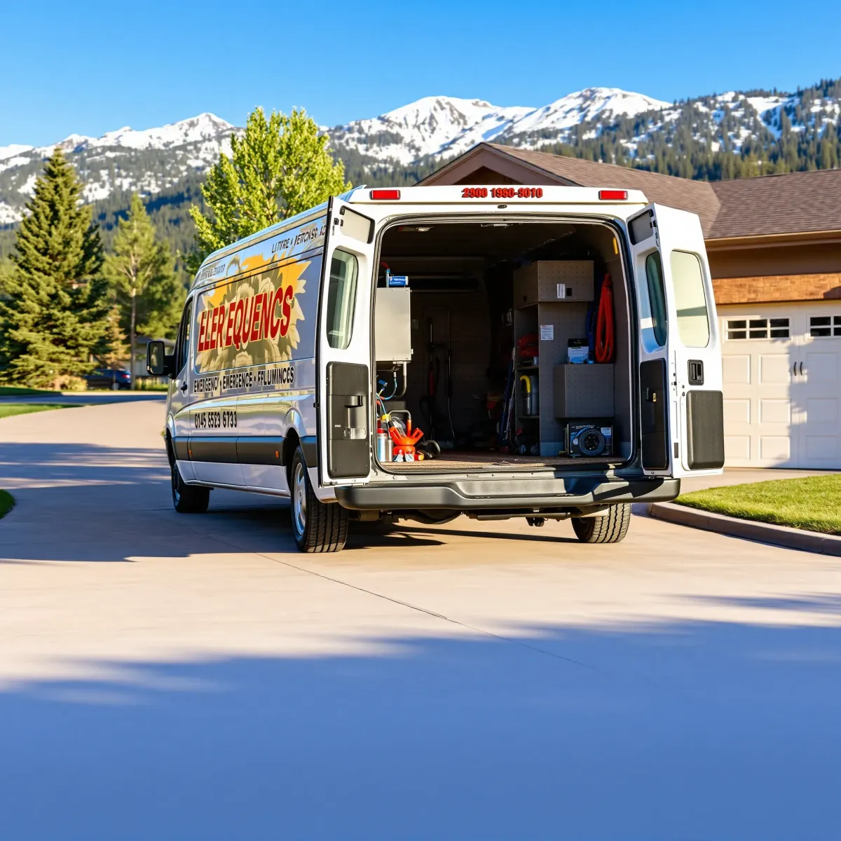 Emergency plumbing van parked at a residential home in Snowmass CO, with tools inside, mountain backdrop, and sunny day.
