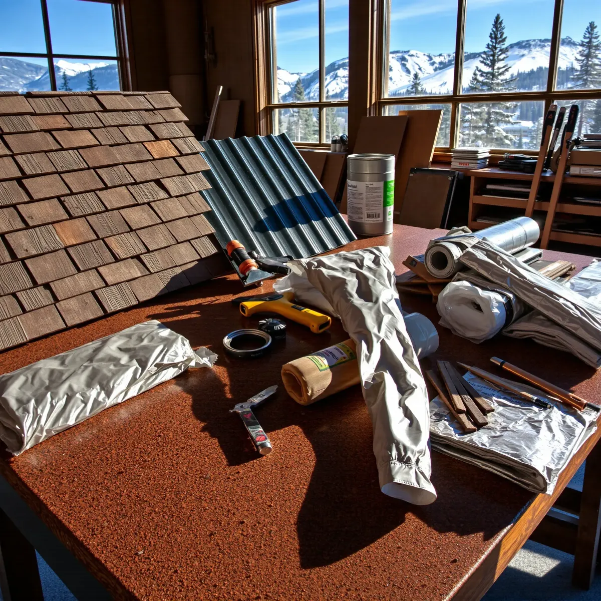 Pristine roofing materials and tools arranged on a worktable with mountain scenery in Breckenridge, CO.